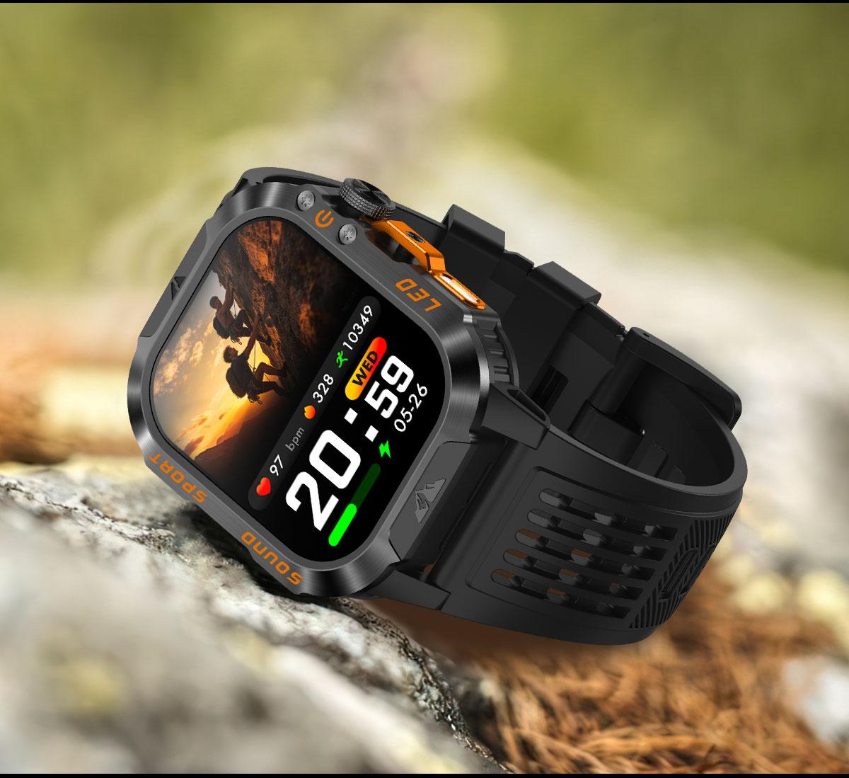 HT46 Outdoor Smart Watch Bluetooth Calling Heart Rate Sleep Blood Oxygen Monitor LED Light for Cycling Hiking Camping