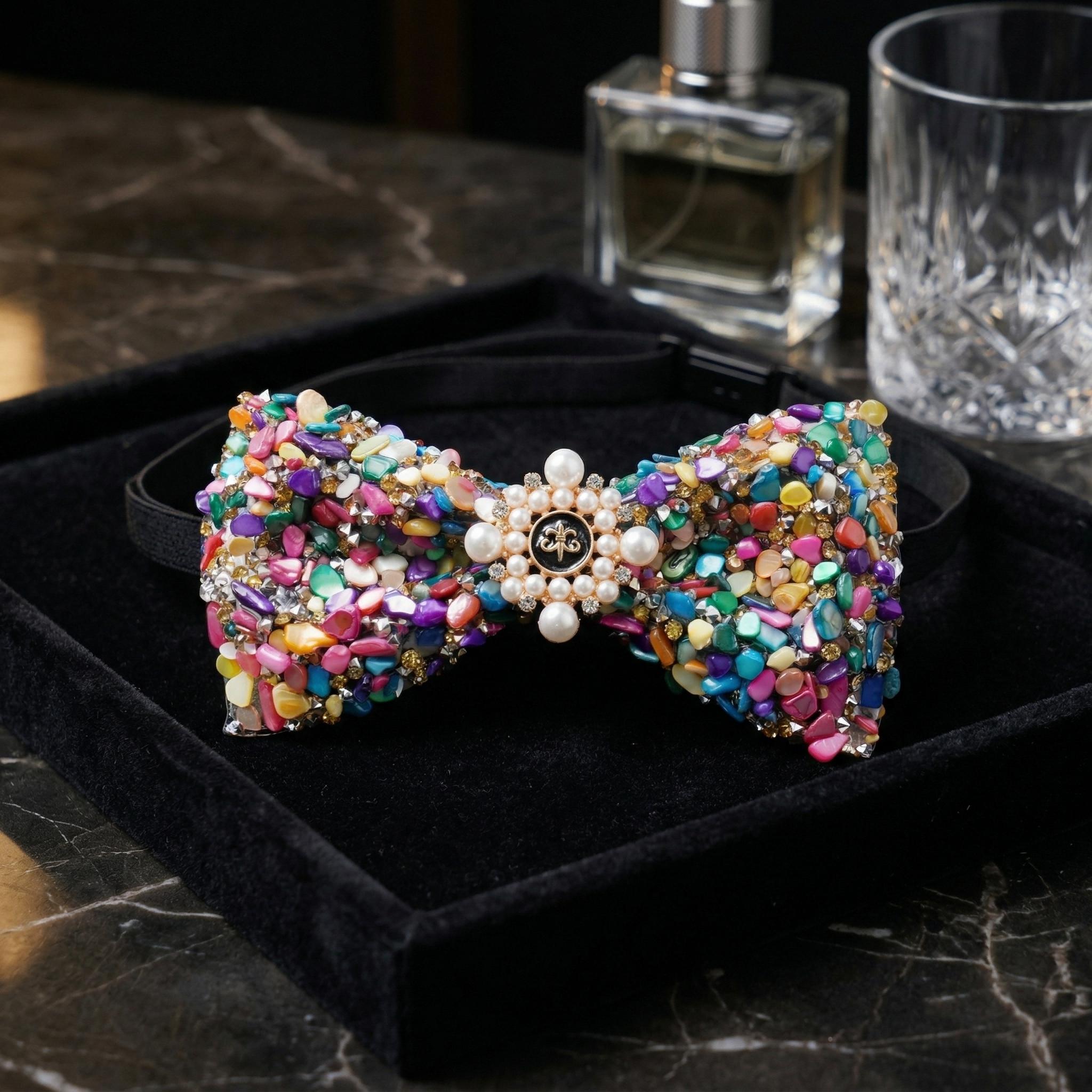 1pcs Color Stone Full Inlay Bow Tie, Luxury Pearl Decorative Neckwear, Party Performance Suit Collar Flower