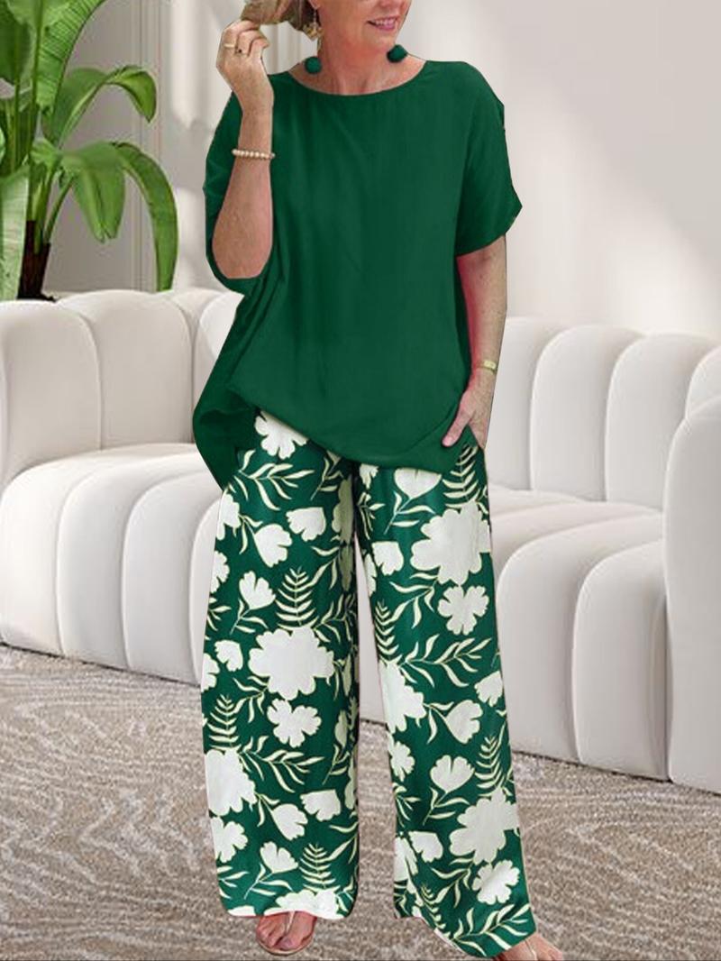 Women's Spring Summer Round Neck Loose Fit Top and Printed Long Pants Casual Set, Comfortable and Stylish for Daily Wear