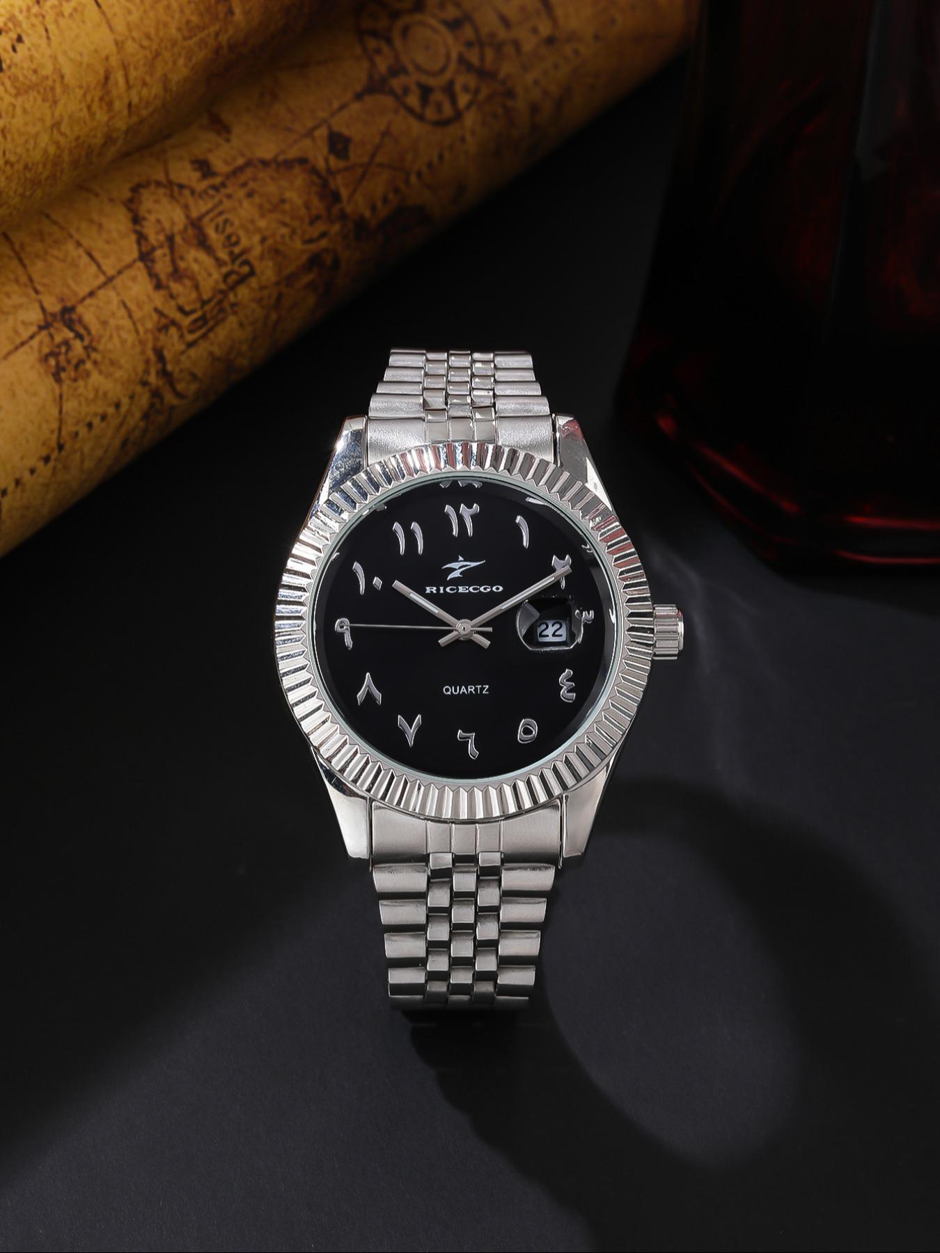 1pc Men's Analog Quartz Wristwatch, Arabic Numerals, Durable Stainless Steel Bracelet, Stylish and Versatile Accessory, Date Function, Suitable for Any Occasion, with Box, Analog Watches!