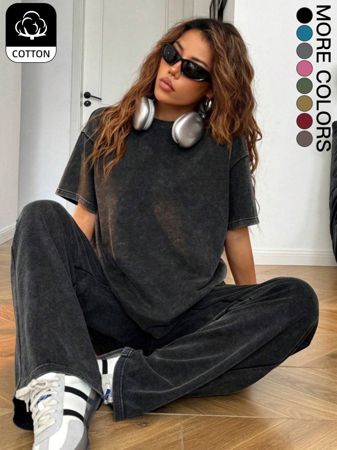 Women's Casual Everyday Acid-Wash Vintage Street-Style Soft Cotton Two-Piece Set, Loose-Fit Round-Neck Short-Sleeve T-Shirt and Wide-Leg Pants Women's Casual Everyday Acid-Wash Vintage Street-Style Soft Cotton Two-Piece Set, Loose-Fit Round-Neck Short-Sleeve T-Shirt and Wide-Leg Pants