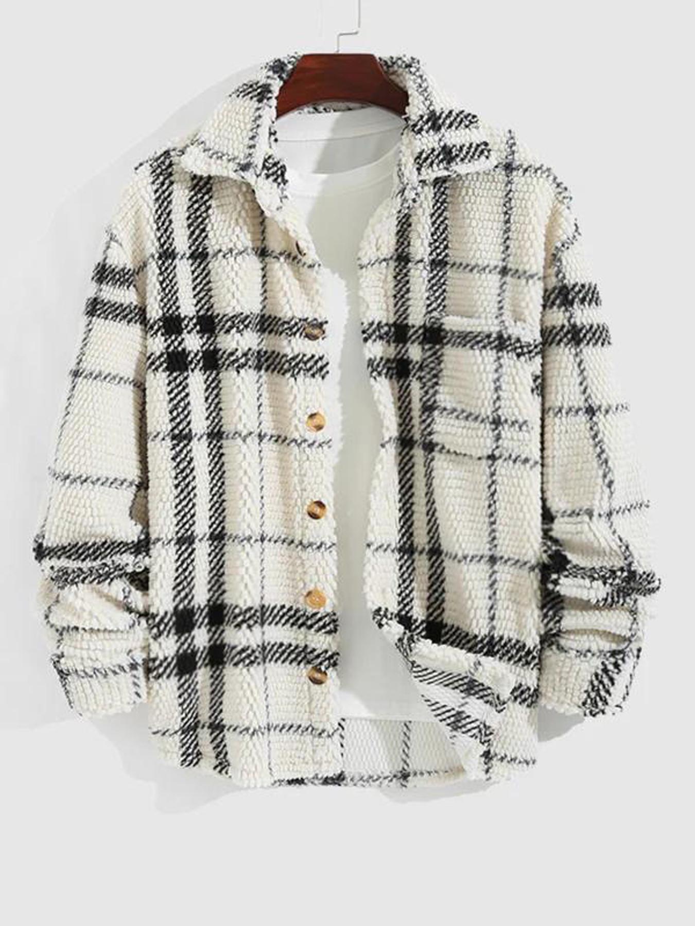 Men's Casual Classic Fall & Winter Coat Outerwear, Comfortable Knit Plaid Shirt Jacket with Buttons, Long Fitted Sleeves, Christmas Gift