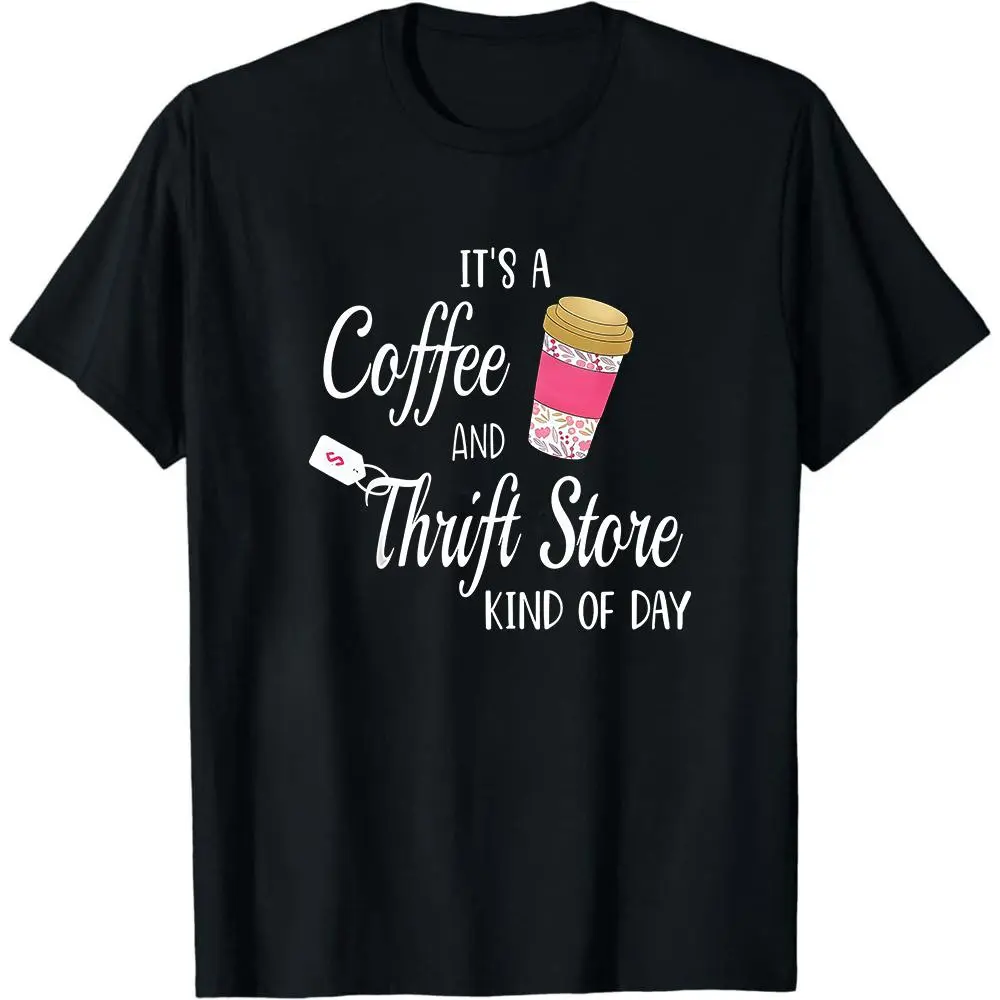 Men's Seamless Comfortable Solid Cotton Graphics T-Shirt - Vintage Coffee Cup "It's A Coffee And Thrift Store" Print, Round Neck, Short Sleeves, Literary Relaxed Casual Top, Machine Washable, Spring-Summer-Autumn, Ideal for Commuting, Daily Wear