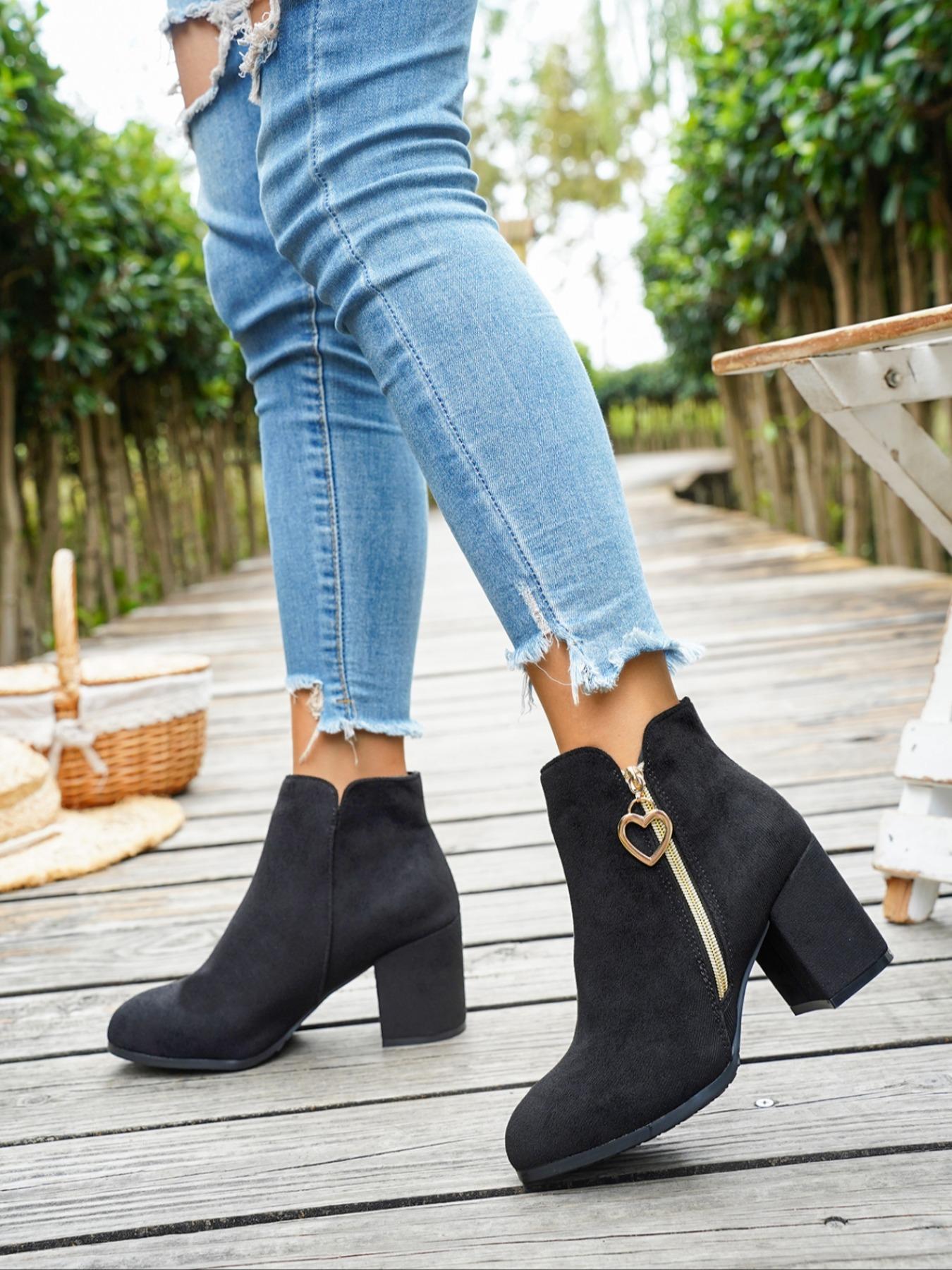 Women's Velvet Heart Zipper Chunky Heel Short Boots, Metal Heart Zipper, Faux Leather, Square Heel, Perfect for Sweet Office Style, Spring Fall