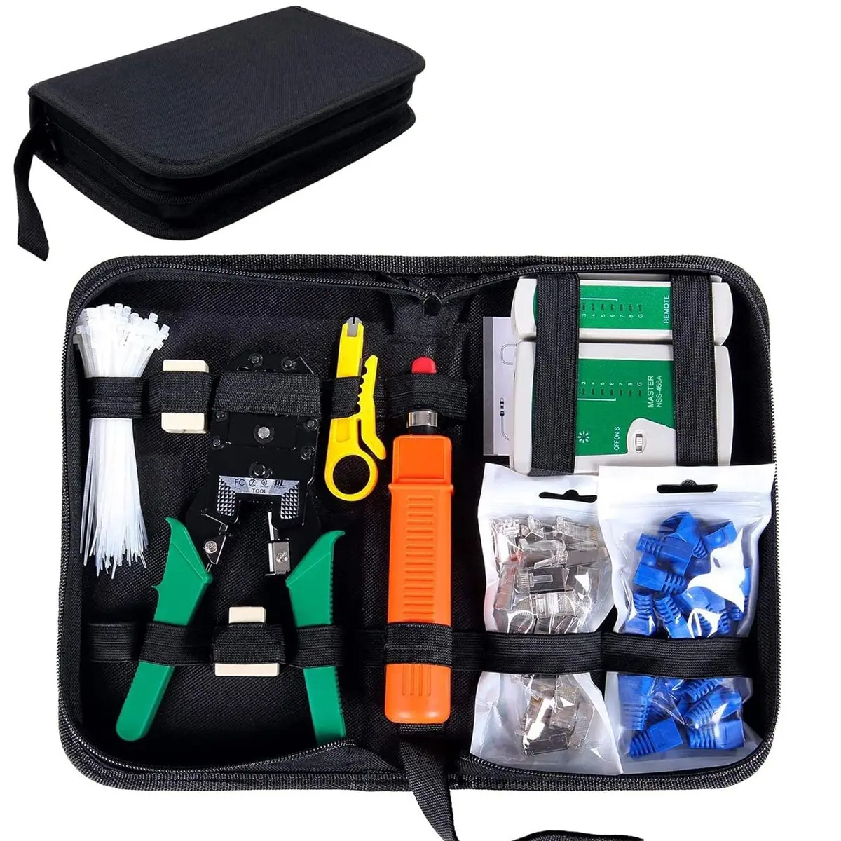 Cat5 Cat5e Cat6 9-Piece Portable Ethernet Cable Crimping Kit, Includes Rj45 Rj11 Connectors, Punch Down Tool, Cable Tester