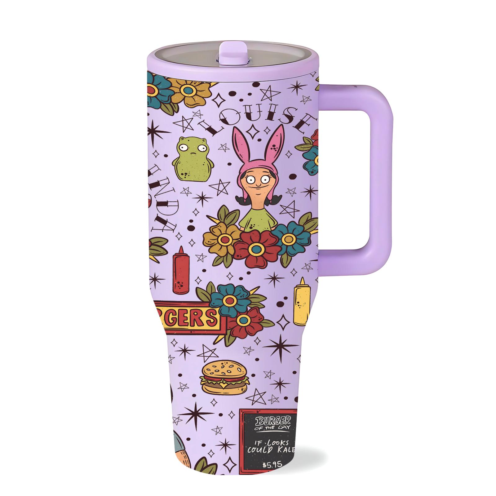 1 PC 40oz Leakproof Insulated Tumbler With Handle And Lid, Double Wall Stainless Steel Travel Mug, Leak Proof, Keeps Drinks Hot 12H Cold 24H, Cartoon Burger Family Print Cup, Large Capacity Thermal Mug, Flasks For Iced Coffee, Water, Gifts For Women Men