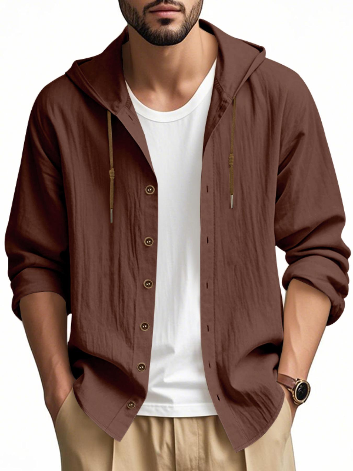 Hooded Linen Long Sleeve Shirt Jacket, Hawaiian Style Casual Loose Fit, Drawstring & Button Design, Spring & Fall Fashion, Beach Vacation Essential