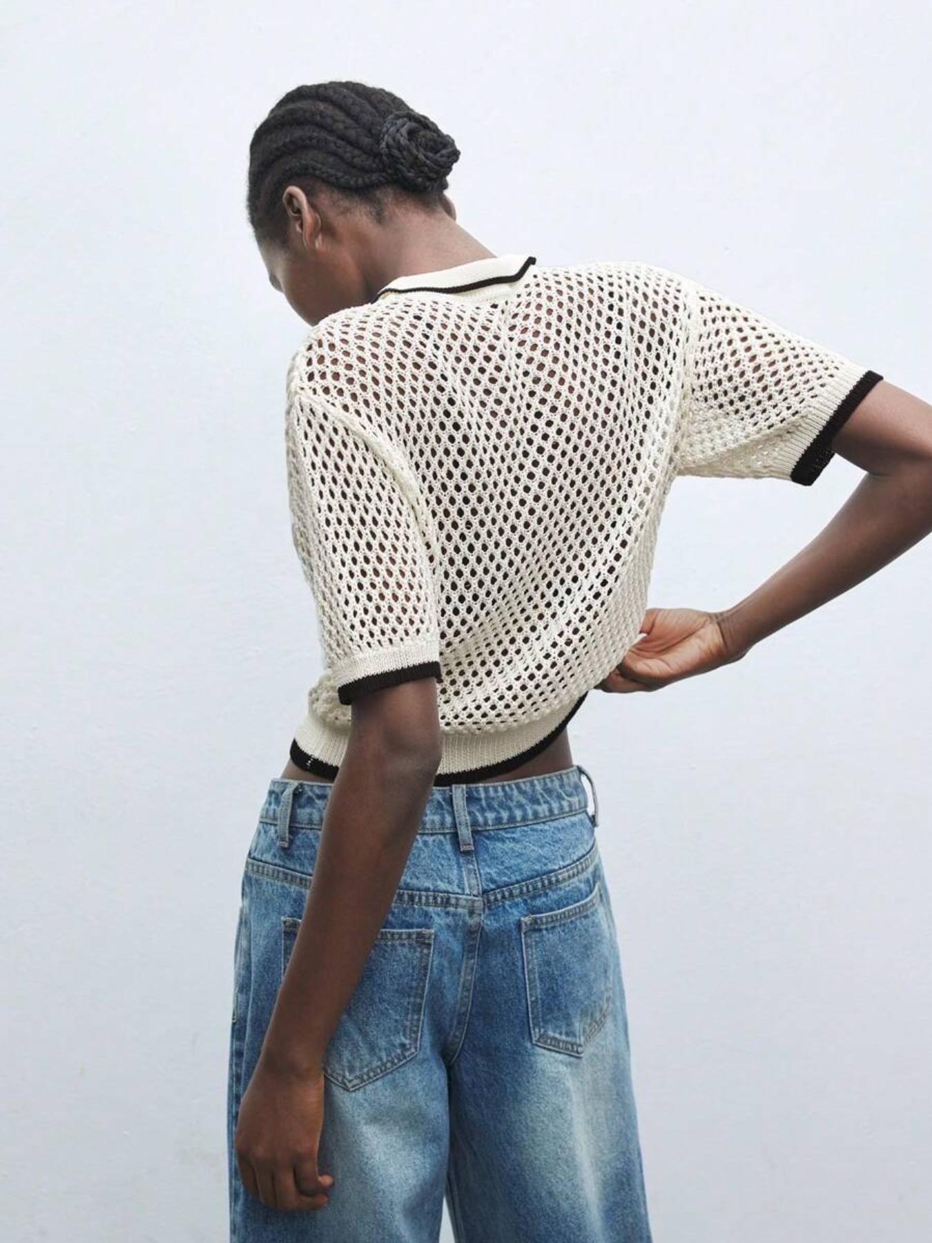 New Hollow-Out Knitwear, Women's Color-Block Short Sleeve Sweater, Elegant and Comfortable Polo Neck Top, Versatile Casual Wear