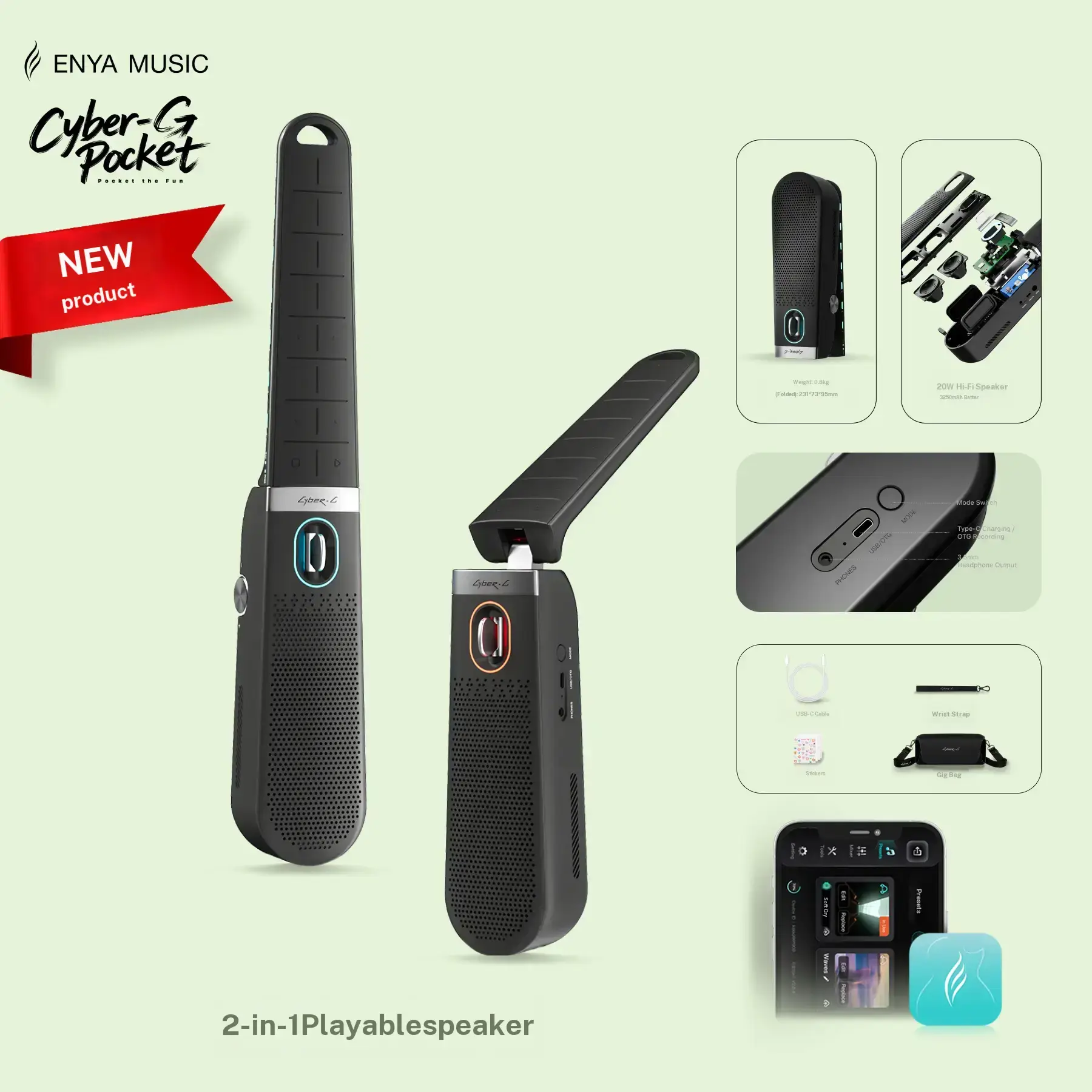 Enya CYBER-G Pocket 2-in-1 Playable Portable Bluetooth Speaker - World's First Stringless Smart Guitar, Foldable, Auto Play Mode, Rechargeable, OTG, Batteries Included, for Adults #BackToSchool