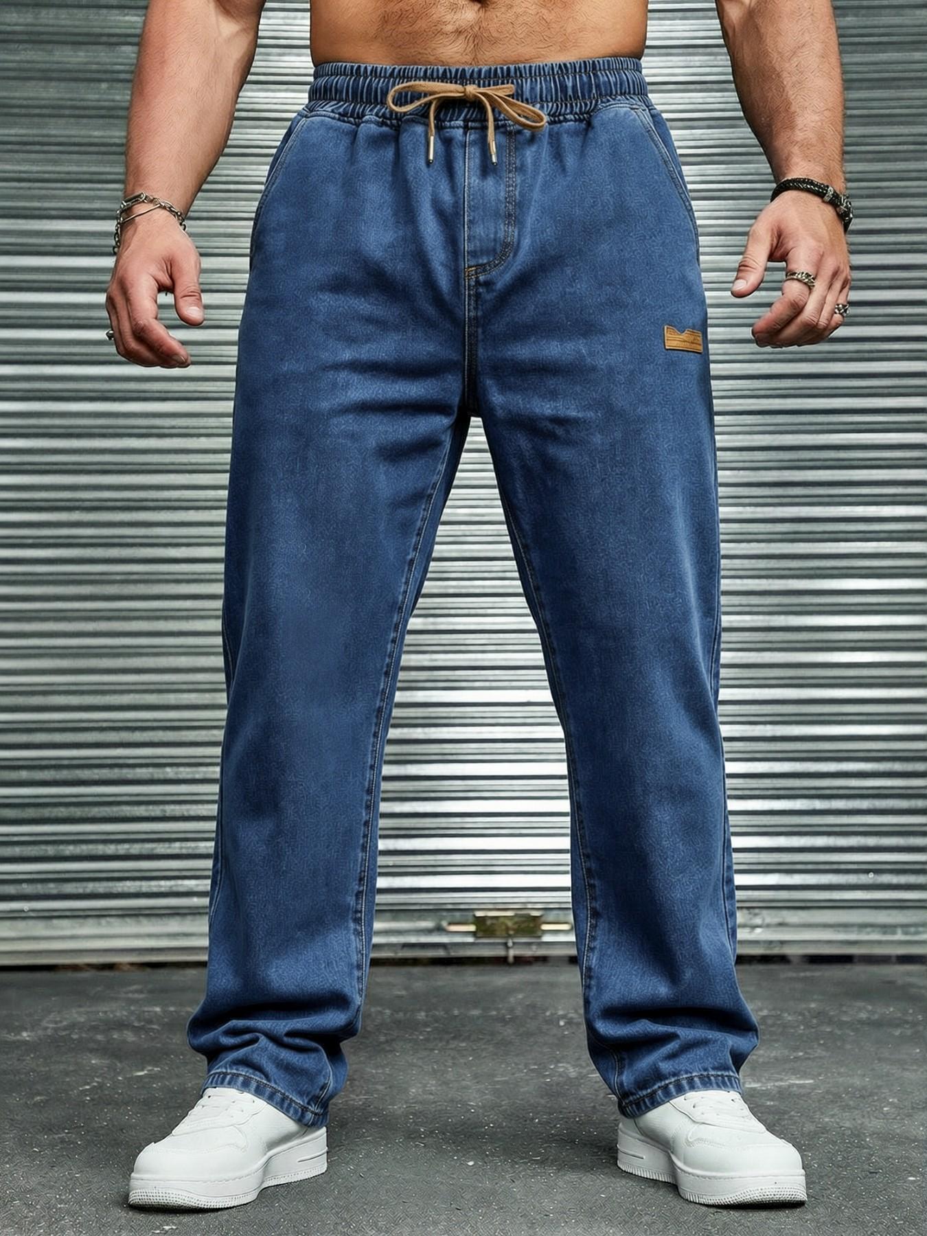 Men's drawstring elastic waist straight-leg fitted jeans, non-stretchy denim long pants, comfortable straight-leg fit, suitable for daily casual wear, a must-have trendy men's long pants 🔥