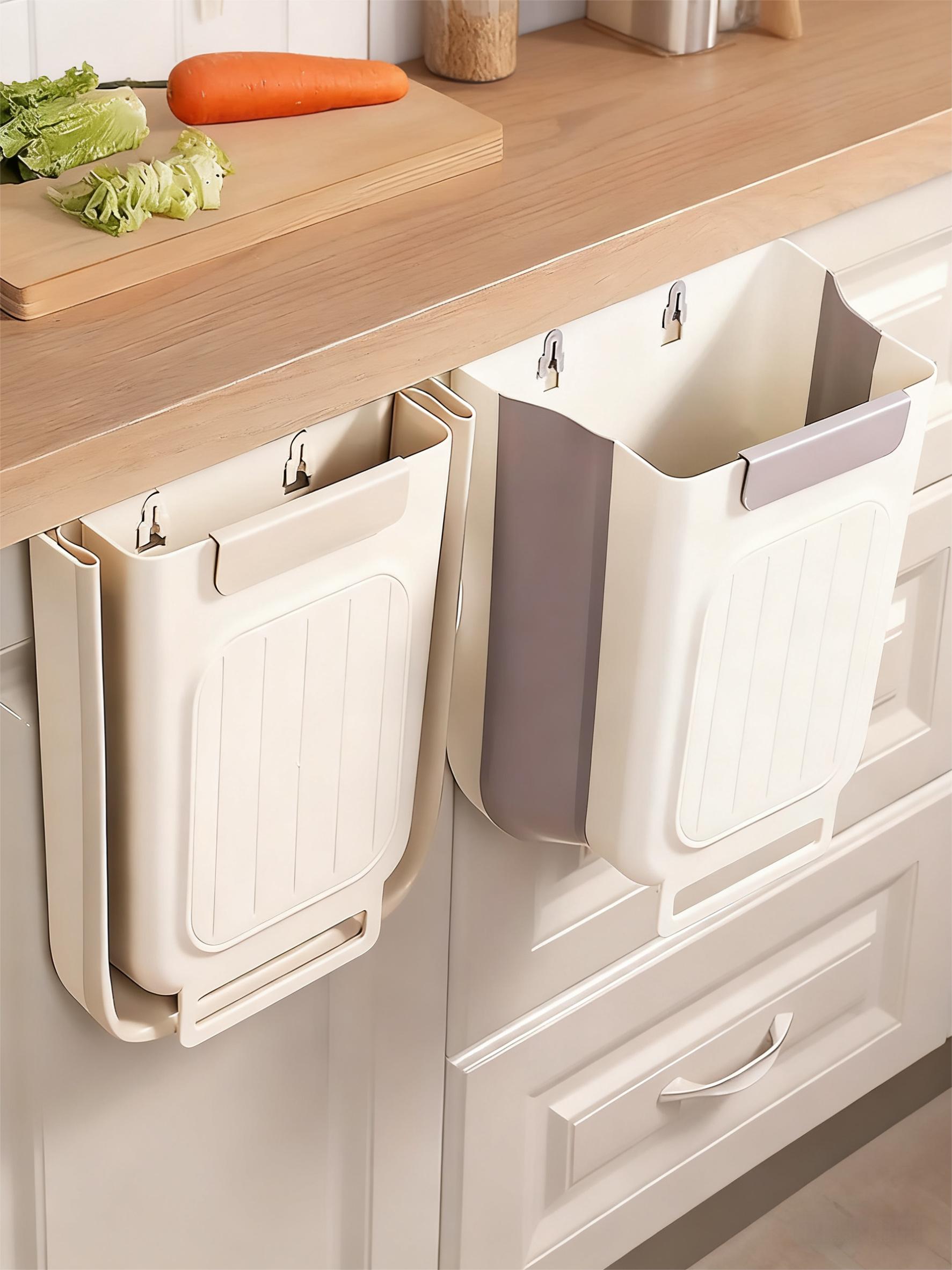 Foldable Wall-Mounted Cabinet Door Trash Can Space-Saving Rectangular Plastic Bin with Door for Bathroom Kitchen Easy Install No Bending Versatile Usage