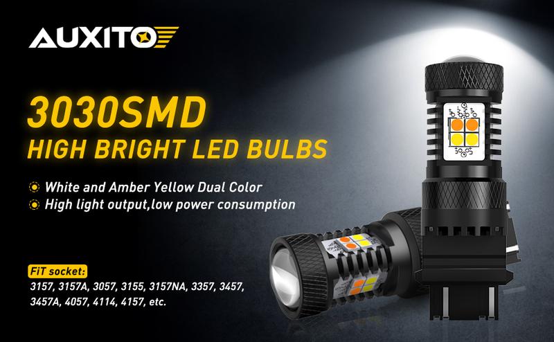 AUXITO White and Amber Dual Color Switchback  7443 7440 3157 3155 3457 4157 1157 2057 LED Bulbs with Projector 3030 Chipsets for Car Turn Signal Lights Parking Lights, (Pack of 2)