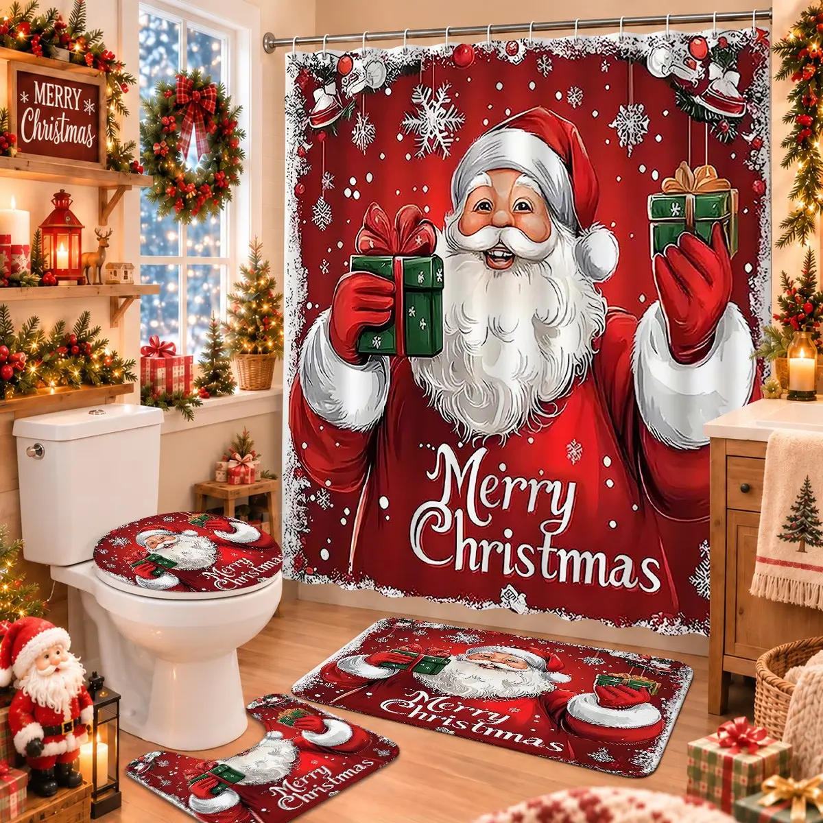 4pcs Santa Shower Curtain Set, Waterproof Bath Liner with Non-Slip Mat, Merry Christmas Design, Bathroom Holiday Decor