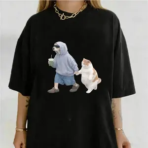 Retro washed cat and dog T-shirt, funny cat and dog emoji, fashionable unisex T-shirt for men and women, summer gift for boyfriend or girlfriend, loose women's T-shirt custom