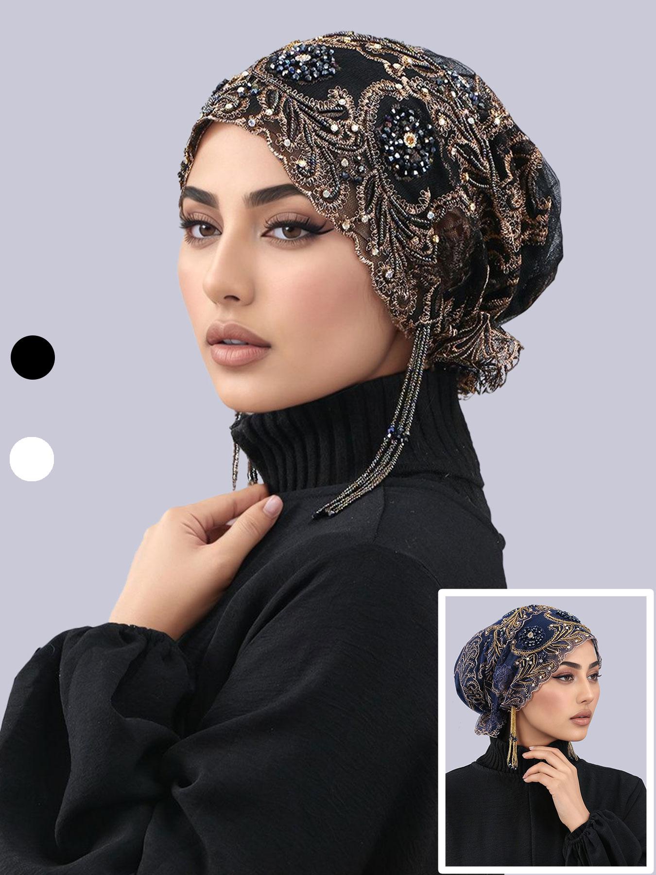 Women's Geometric Print Lace Beaded Headscarf Hat, Bohemian Satin Lined Hair Accessory, Adjustable Ankara Chemotherapy Cap Premium Jersey Hijab, Turban Hijab