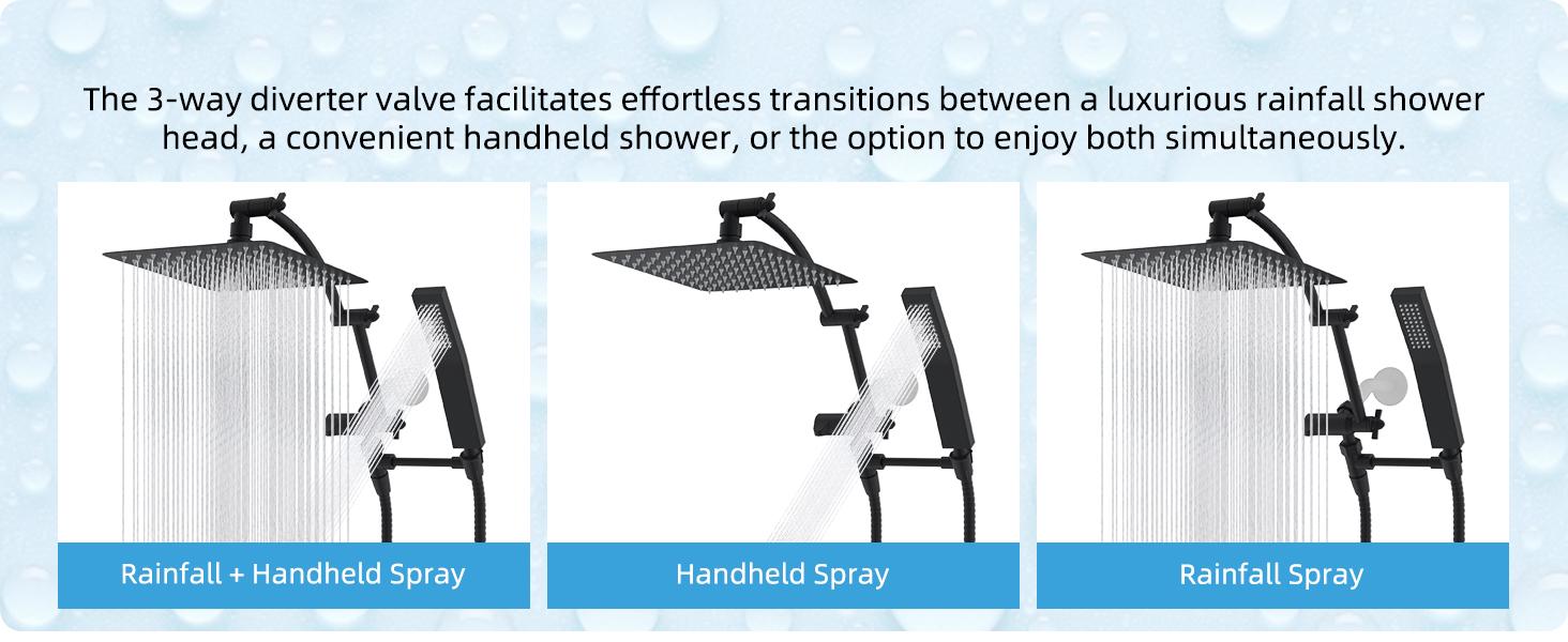 Hibbent All Metal 10'' Rainfall Shower Head, Square Shower Head Combo, High Pressure Handheld Shower Wand, 16'' Adjustable Arc-shaped Shower Extension Arm, 71'' Hose, 2 Showerhead Holders, Matte Black rain shower