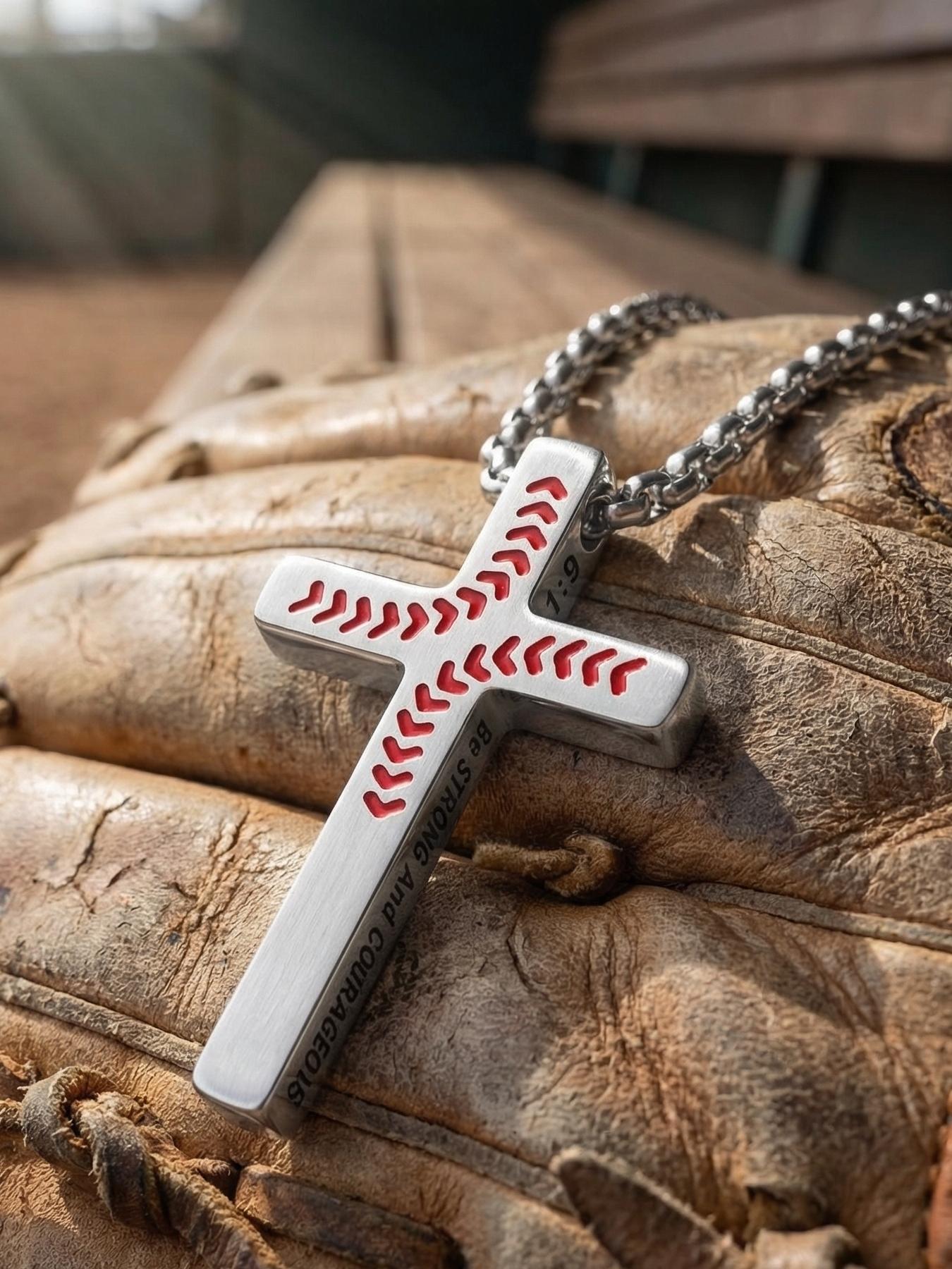 Cross Necklace with Bible 1:9 Verse Cross Pendant, 316L Stainless Steel Chain / Religious Gift for Boys and Men / Fade-Resistant / Baseball / Festival / Party / Ideal Gift