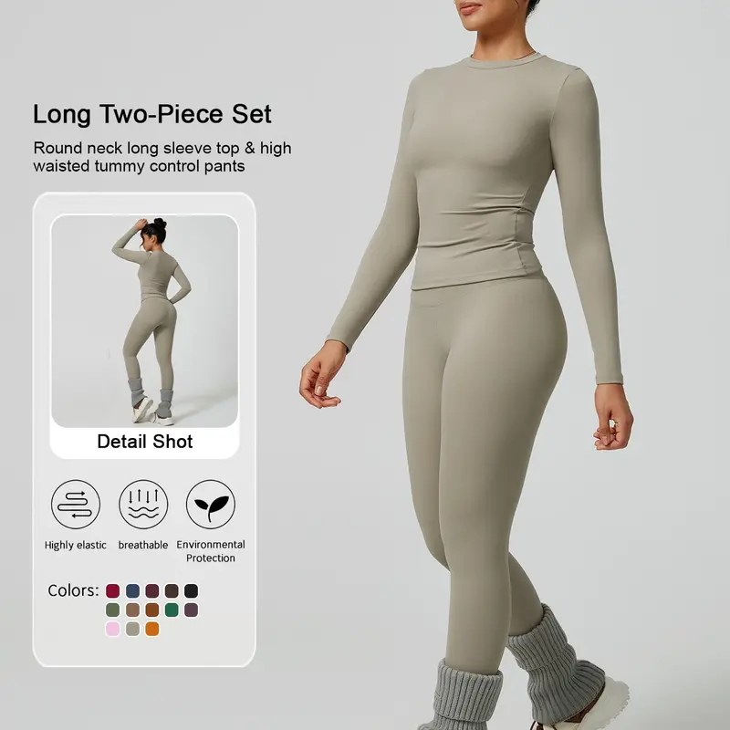 Women's Solid Color Long Sleeve Tee & High Waist Leggings Tracksuit Set, Sporty Comfy Breathable Outfits for Gym Workout Running, Ladies Fall & Winter Sportswear Women Workout Clothes