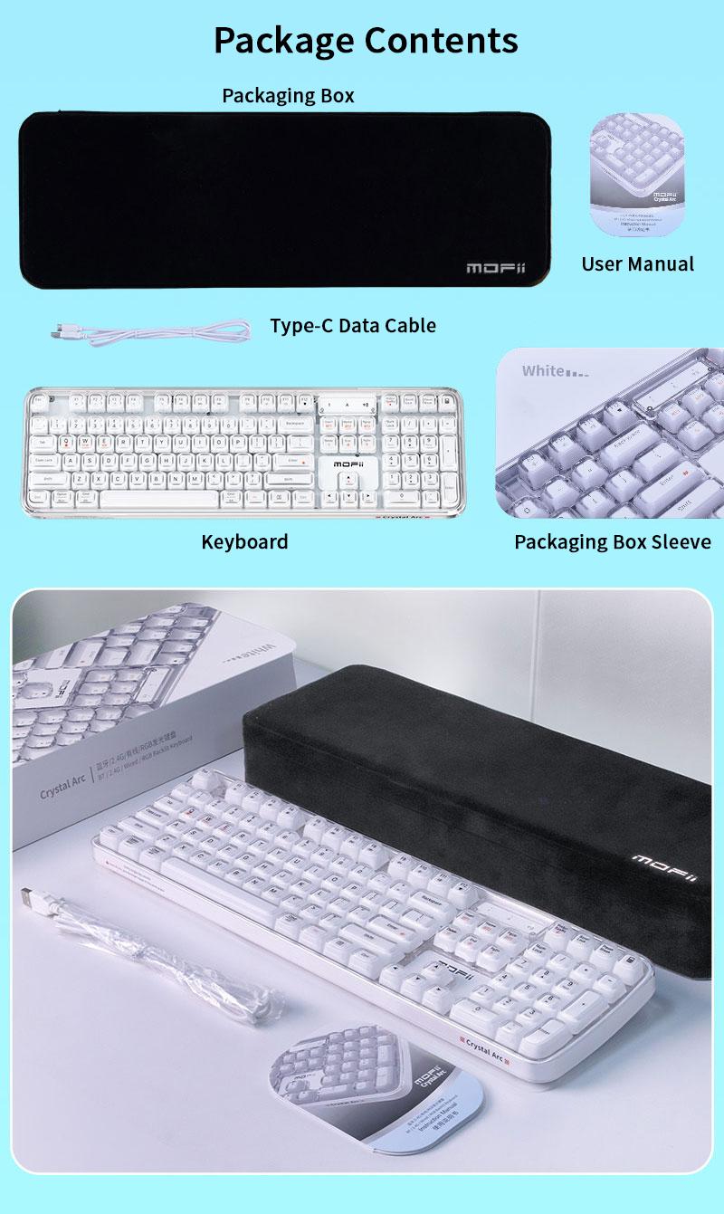 MOFii 708 RGB Backlit Full-Size Keyboard, Stylish White Transparent Keycaps, Tri-Mode Rechargeable, US Qwerty, Compatible with Phones & Tablets, Must-Have for Office & Gaming