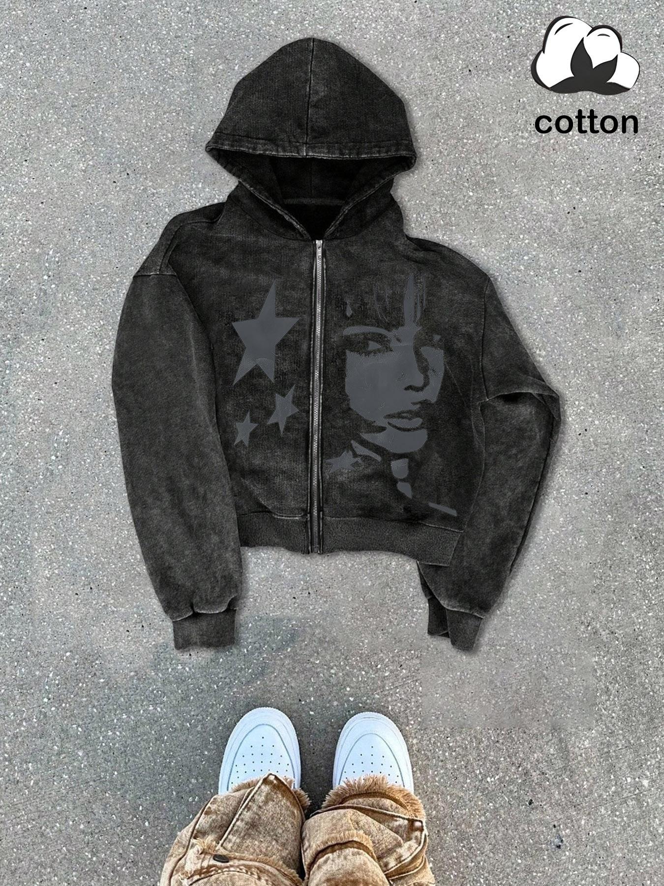 Cotton men's street Y2K retro style washed hooded zipper sweatshirt fashionable casual men's tops, men's long-sleeved velvet autumn and winter jacket