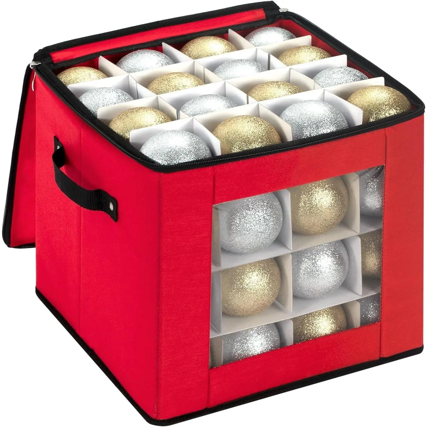 Christmas Ornament Storage Box Holds 64 Holiday Decorations, Red - Ornament Storage Container with Two Sturdy Carrying Handles, Adjustable DividersGift