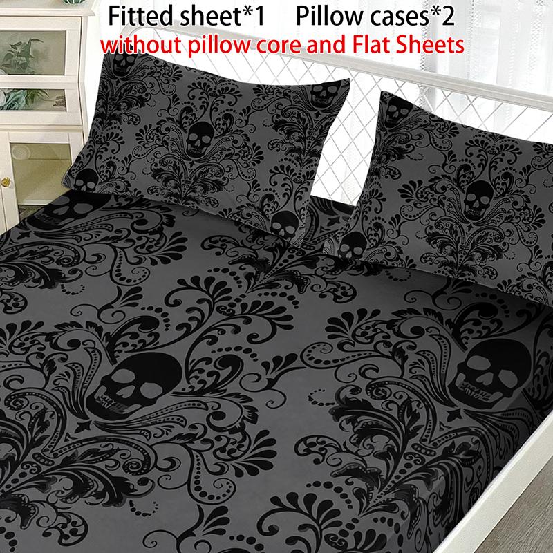 3 Pieces Black Skull Floral Fitted Sheet Set (1 Fitted Sheet + 2 Pillowcases without Pillows) High-Definition Digital Printing, Trendy Cool Bedroom Infused with Gothic Romance, Unlocks Niche Trendy Bedroom Style Bedding Accessories