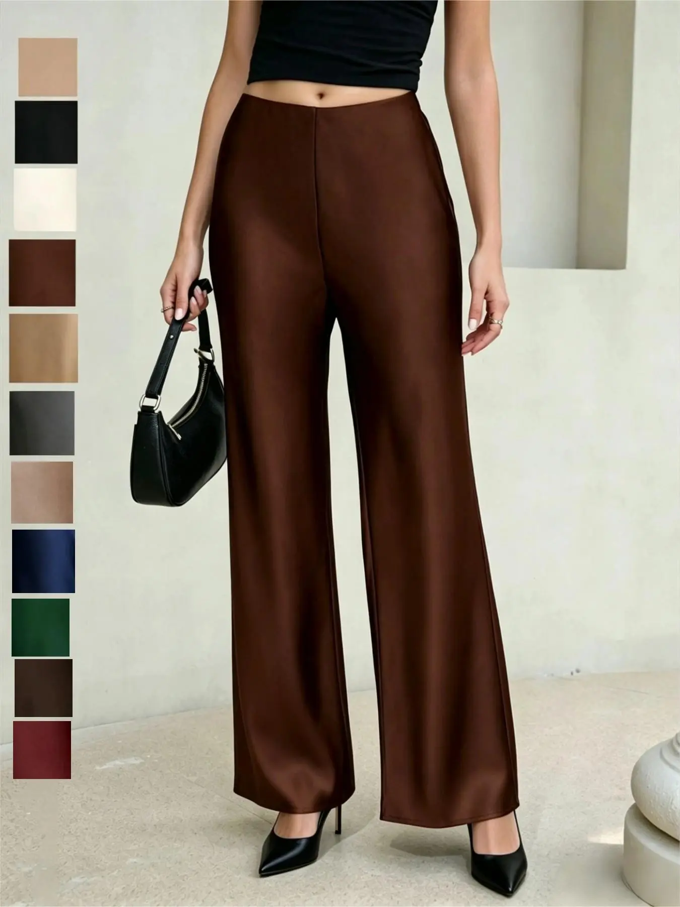 Luxury Fashion Street Style, Versatile Office Wear, Acetate Satin High Waist Flowy Wide Leg Pants for Women, All Seasons