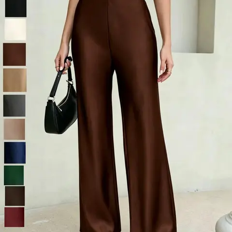 Luxury Fashion Street Style, Versatile Office Wear, Acetate Satin High Waist Flowy Wide Leg Pants for Women, All Seasons