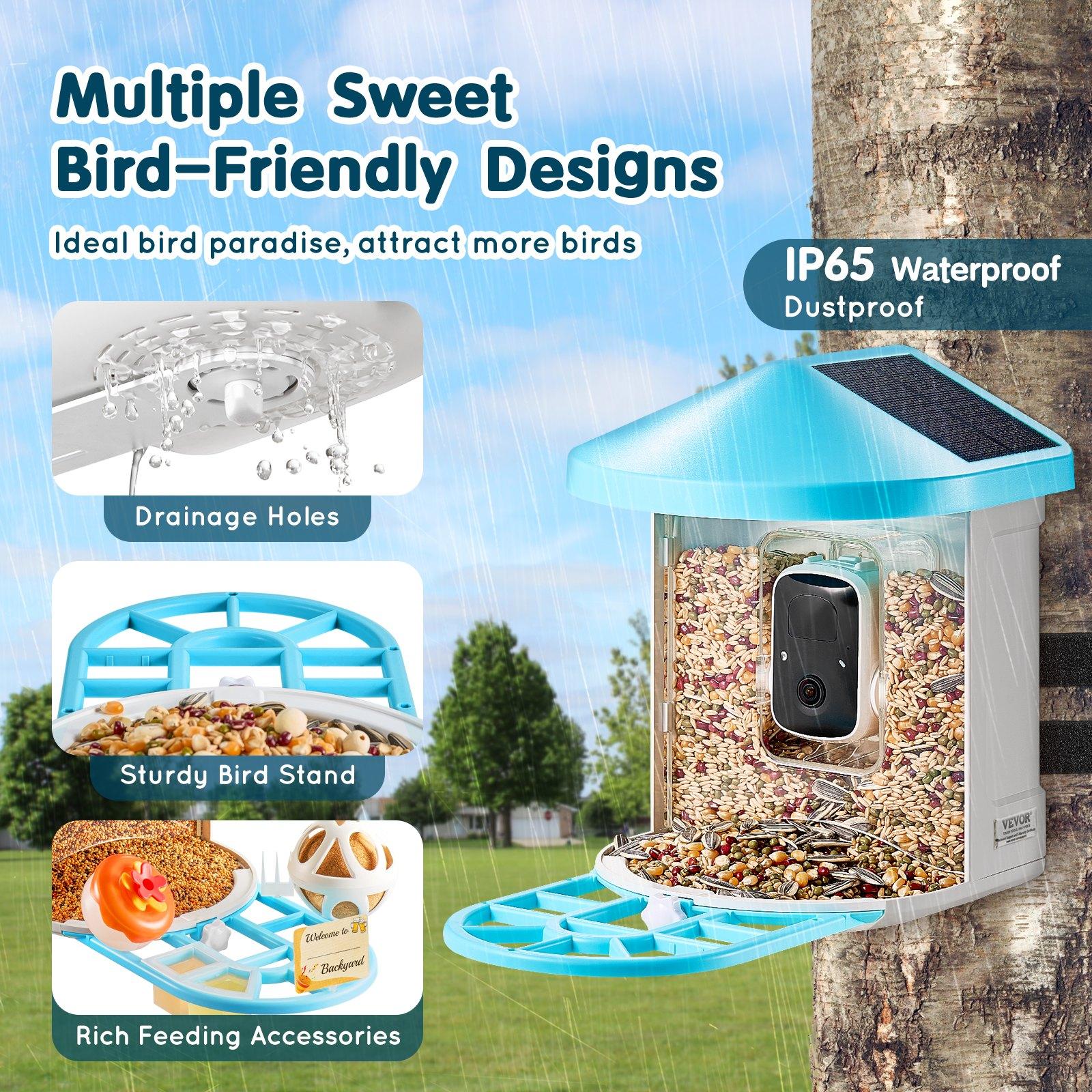 fathersdaygift VEVOR Smart Bird Feeder with Camera, 2K HD AI Identify 10000+ Bird Species, Solar-Powered Bird Watching Camera with Auto Capture Instant Notify, Wireless Outdoor Gift for Bird Lover (2 Solar Panels)