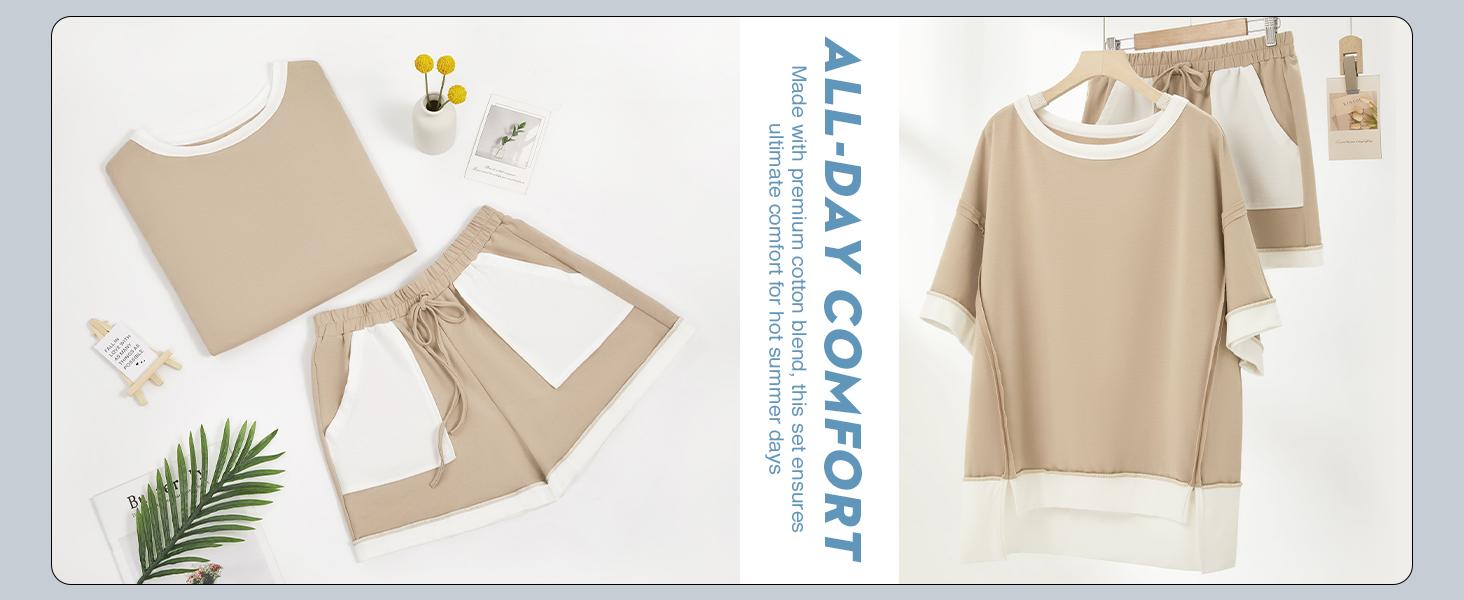 FISOEW Sports 2026 Summer Spring Women's Summer Two-Piece Sportswear Set, Loose Sweatshirt and Shorts, Casual Color-Blocking Breathable Loungewear Set, New Autumn Collection, SpringStatements