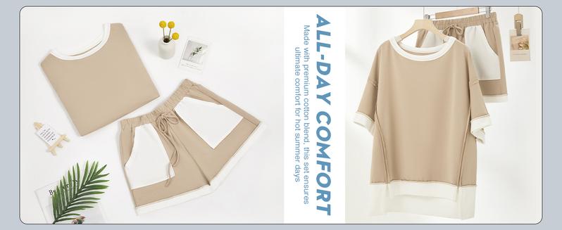 FISOEW Women's Summer Two-Piece Sportswear Set, Loose Sweatshirt and Shorts, Casual Color-Blocking Breathable Loungewear Set, New Autumn Collection, Valentine's Day Gift Recommendation