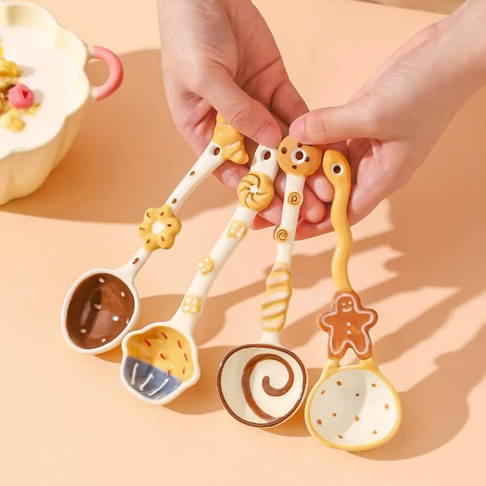 Ceramic Spoons Set (2pcs/4pcs/6pcs) - Durable Underglaze Painted Multi-Color High-Design Tableware, Small Exquisite Serving/Soup Utensils, Indoor Recreation Adorable Accessory for Dessert