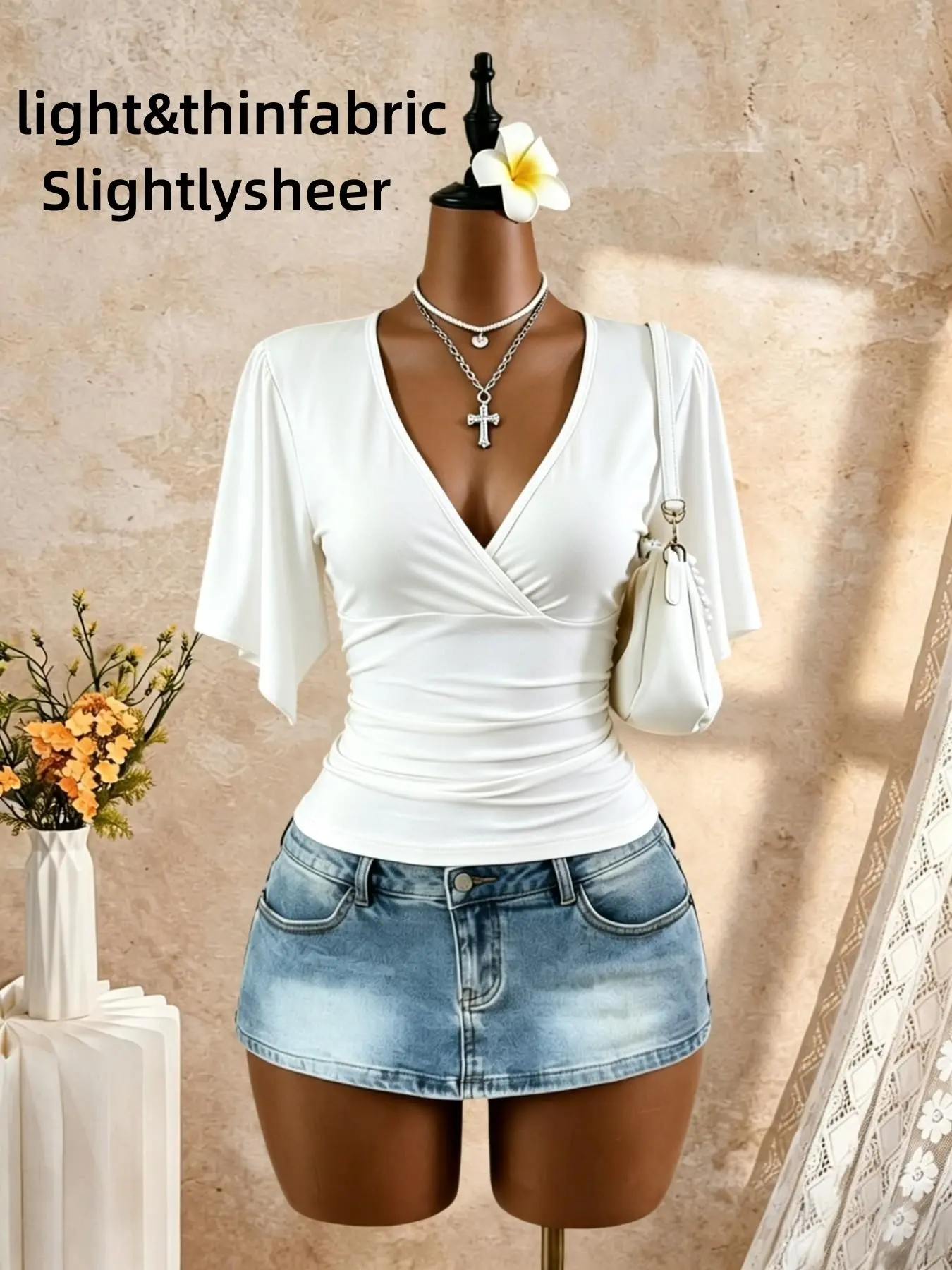 Elegant V Neck Ruffle Sleeve Top for Women, Slim Fit Casual T-Shirt, Perfect for Beach and Office Wear, Stylish and Comfortable