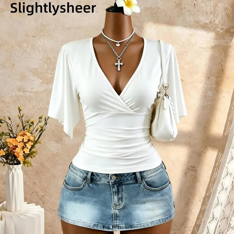 Elegant V Neck Ruffle Sleeve Top for Women, Slim Fit Casual T-Shirt, Beach Tops, Perfect for Beach and Office Wear, Stylish and Comfortable