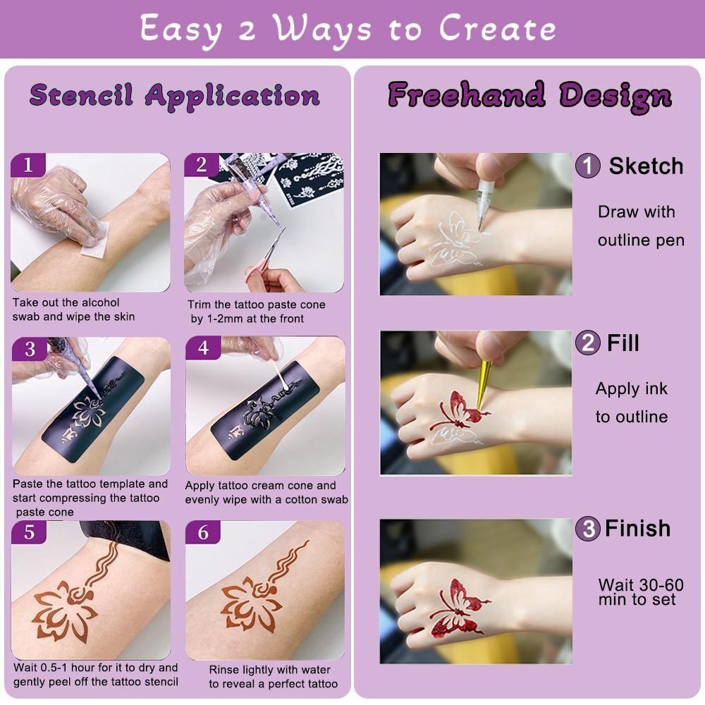 Plant Henna Temporary Tattoo Kit, DIY Tattoos, Natural Henna Drawing Gel, Gentle Low Irritation, Waterproof, Easy Application, Perfect for Weddings and Parties