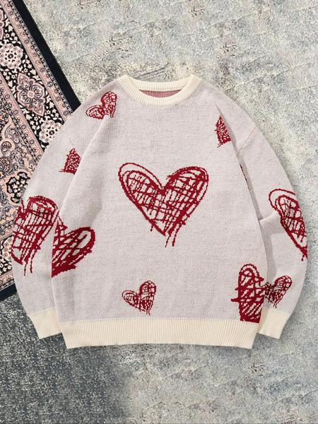 Cute Fall & Winter Unisex Casual Sweater with Love Heart Pattern, Loose-Fitting Long Sleeve Pullover for Valentine's Gift
