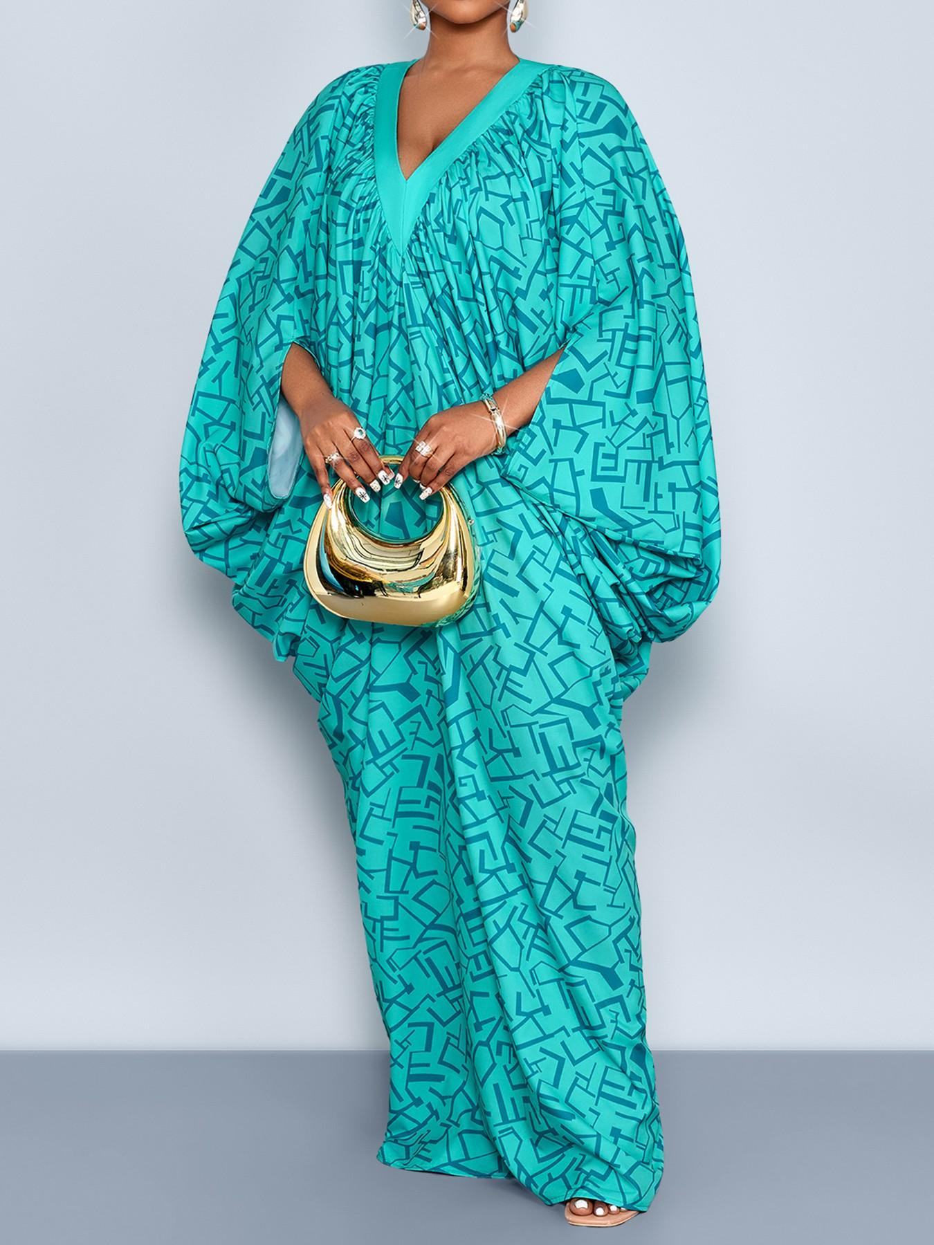 Plus Size Women's Geometric Print Casual Dress, V Neck Ruched Design, Layered Cocoon Silhouette, Long Loose Fit, All Seasons Fashion