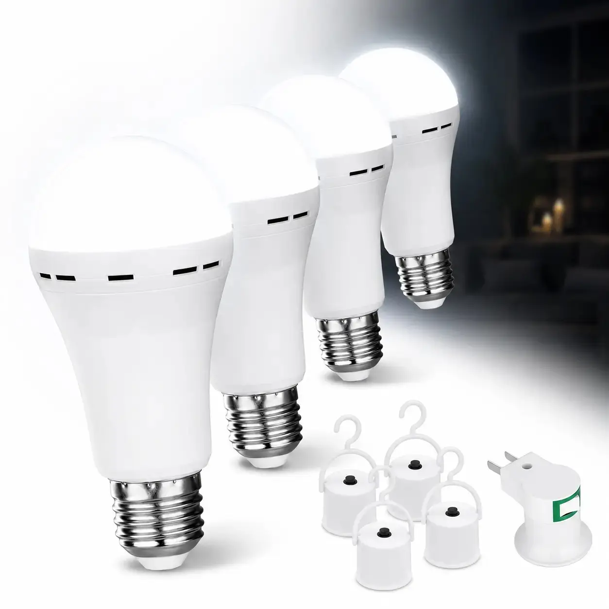 4 pack 1500mAh Rechargeable Emergency Light Bulb, Battery Backup LED Bulb for Power Failure & Blackouts, Portable Home Emergency Light for Indoor & Outdoor Use