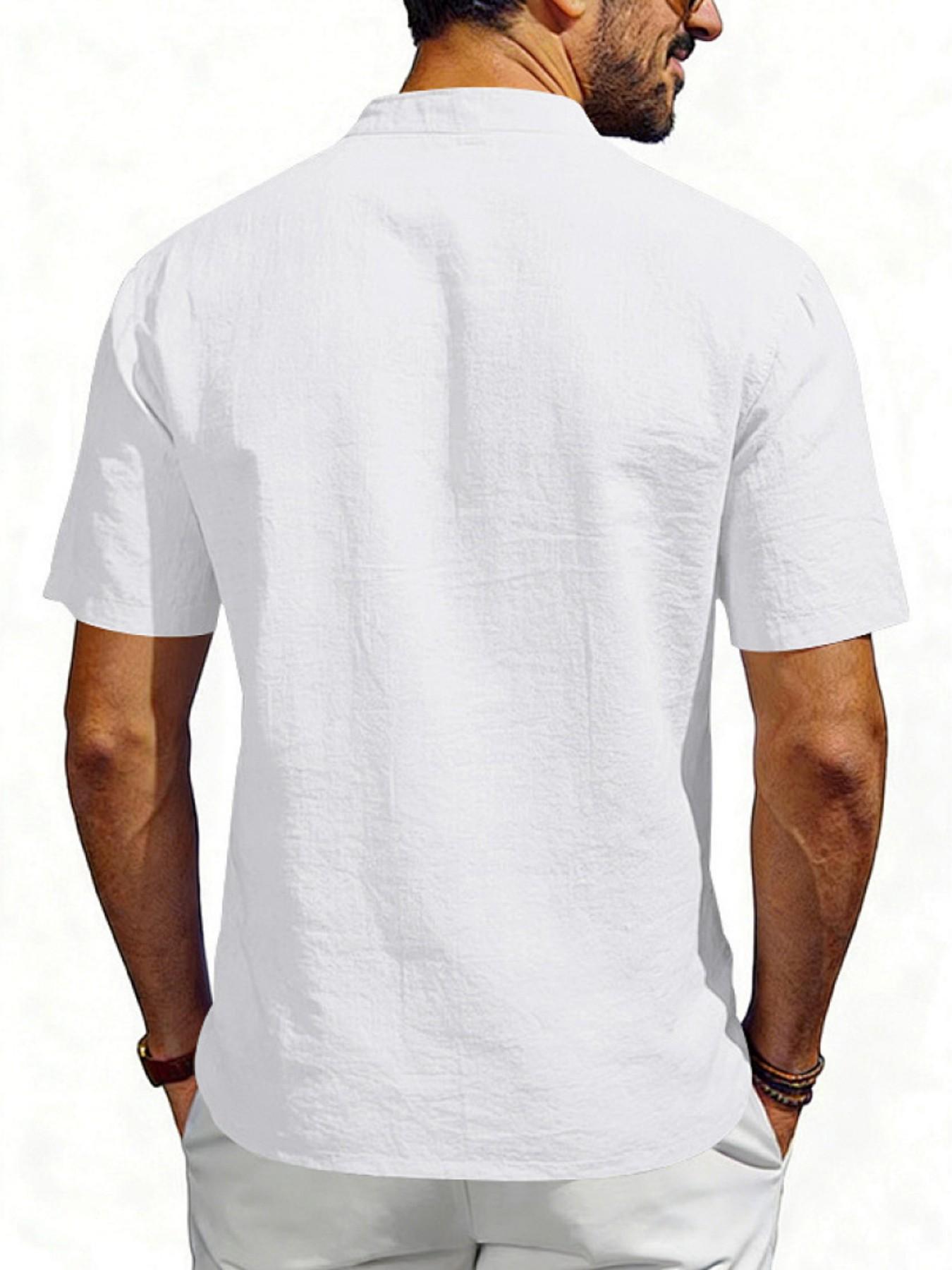 Men's Summer Loose Fit Linen Casual Breathable Henry V Neck Short Sleeve Shirt, Cross-Border American Style Commuter Top