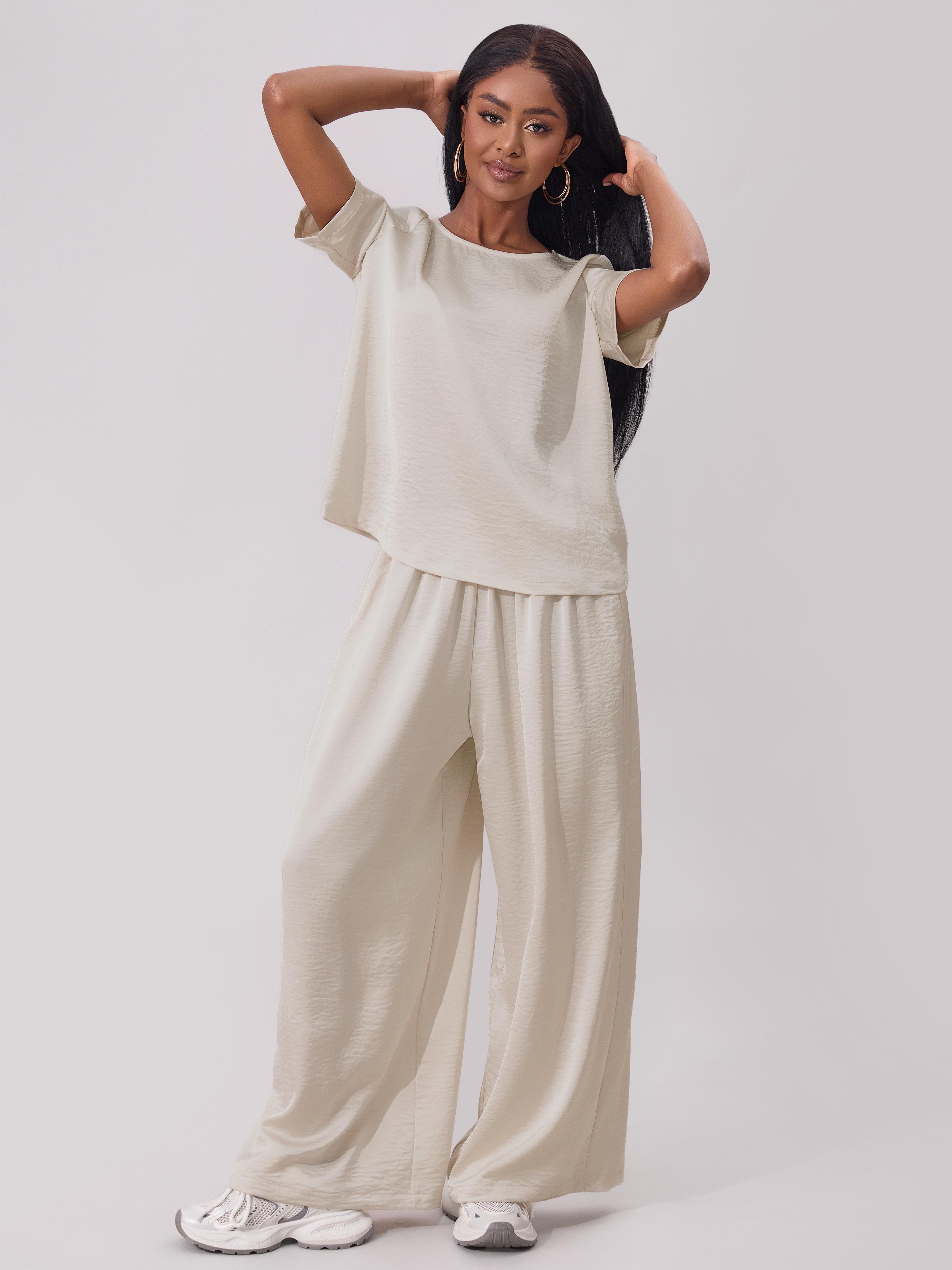 Joyfunear Women's round Neck 2 Piece Set Wide Leg Pants Set Short Sleeve satin Pullover Tops Wide Leg matching set