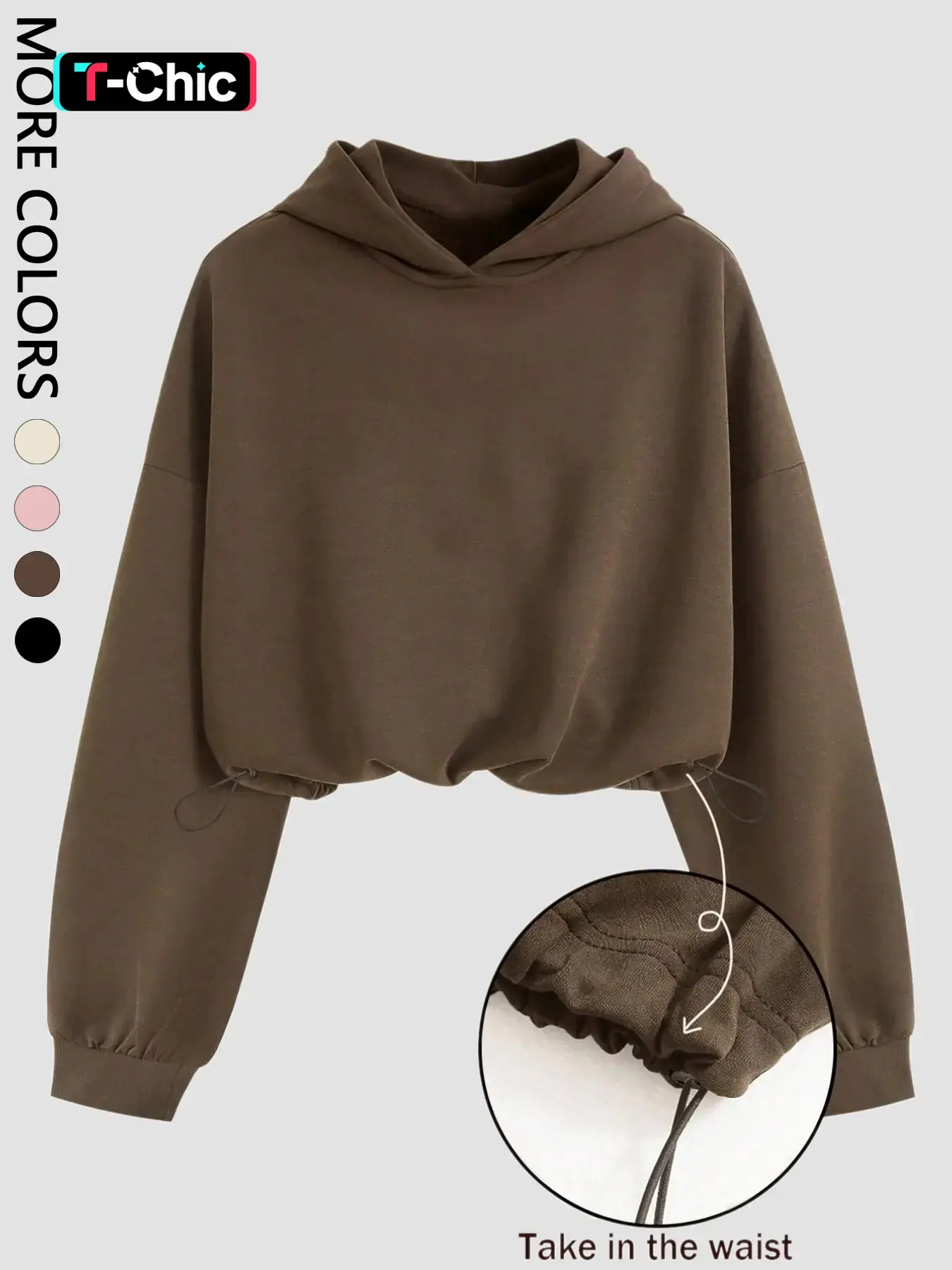 Women's Cropped Hoodie with Adjustable Drawstring Hem, Drop Shoulder Long Sleeve Loose Fit Warm Hooded Sweatshirt, Casual Pullover Streetwear Top, Versatile Fashion Hoodie for Daily Outings