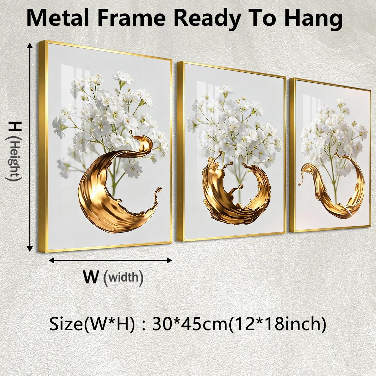 3 Counts Aluminum Alloy Framed Painting, White Flowers With Golden Liquid Art Pictures, Home Decoration For Living Room, Bedroom, Office, Restaurant, Hallway Wall Decor, Odorless Print Artwork, Luxury Perfect Gift For Friends And Family