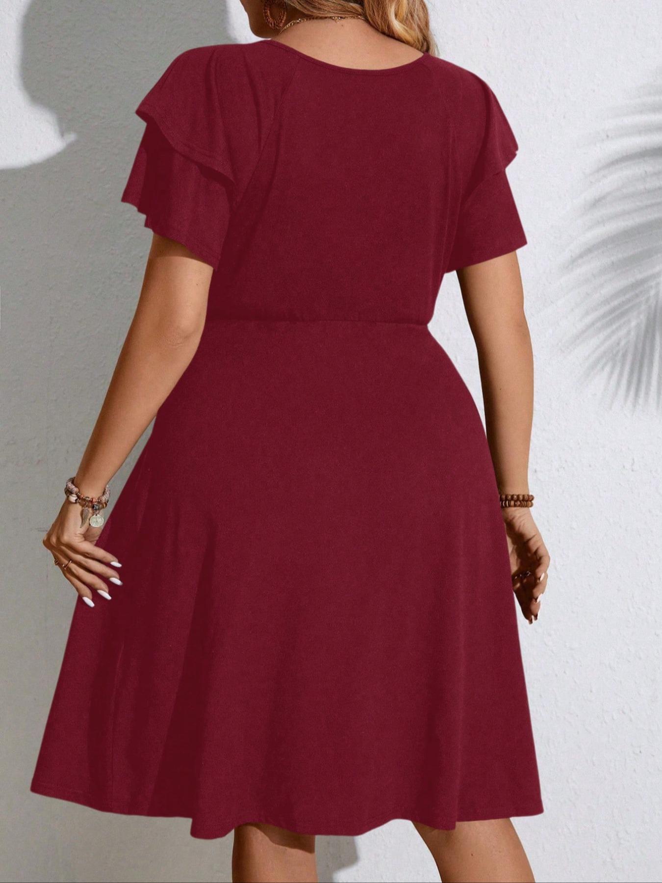 【Plus Size】 Solid Color V Neck Dress, Fashion Casual Dress for Wedding Guest, Women's Clothing for Summer