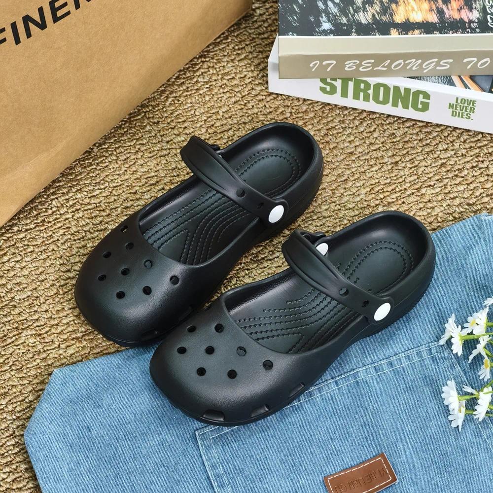 Retro EVA Outer Wear Mary Jane Slippers Shoes Summer New Women's Cute Ballet Hole Shoes Anti Slip Outdoor Beach Sandals