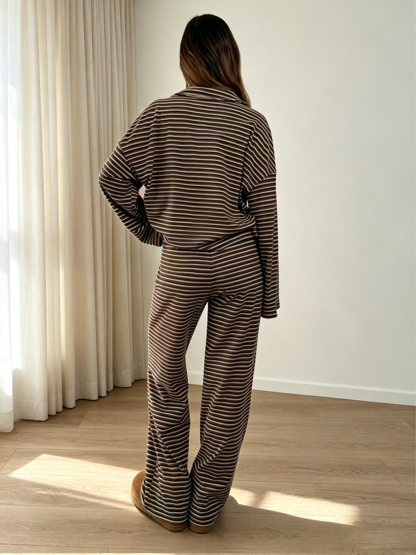 Korean Lazy Style Striped Two-Piece Set for Women, Turn-Down Collar V Neck Loose Bell Sleeve Top + High-Waisted Wide Leg Pants, Casual Home Wear Loungewear Set
