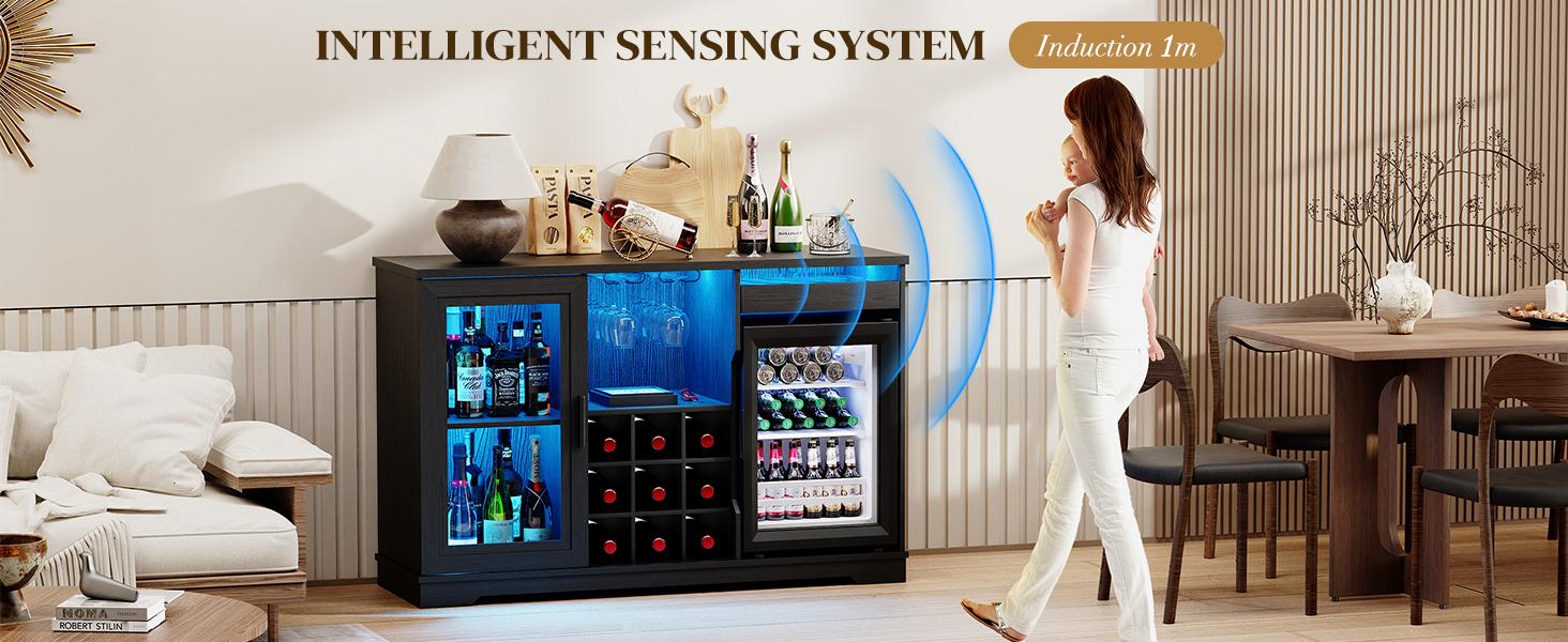 MIIFUNY Coffee Bar Cabinet with Fridge, Liquor Cabinet with LED Lights & Glass Holder, Mini Fridge Cabinet with Wine Storage, Human Body Sensor, Sideboard Buffet Table for Kitchen Dining Room, Black