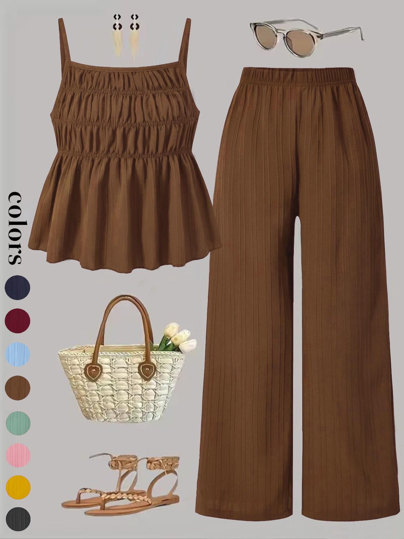 Two-Piece Set Women's Solid Color Cami Top & Wide Leg Pants Set, Street Fashion Casual Outfits for Daily Outdoor Wear, Ladies Clothes for All Seasons Two-Piece Set Women's Solid Color Cami Top & Wide Leg Pants Set, Street Fashion Casual Outfits for Daily Outdoor Wear, Ladies Clothes for All Seasons