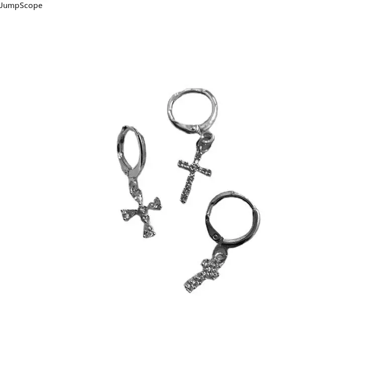 Pavé Cubic Zirconia Cross Charm Huggie Hoop Earrings, Cool Minimal Gothic Dangle Cross Ear Buckles For Women