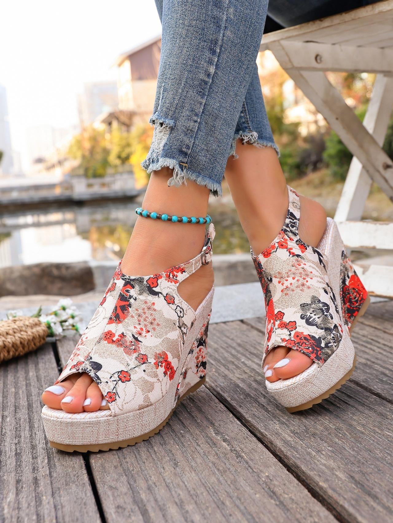 Women's Chinese Style Plum Blossom Printed Wedge Sandals, Summer Retro Platform Elevated Buckle Open-Toe Vacation Roman Shoes