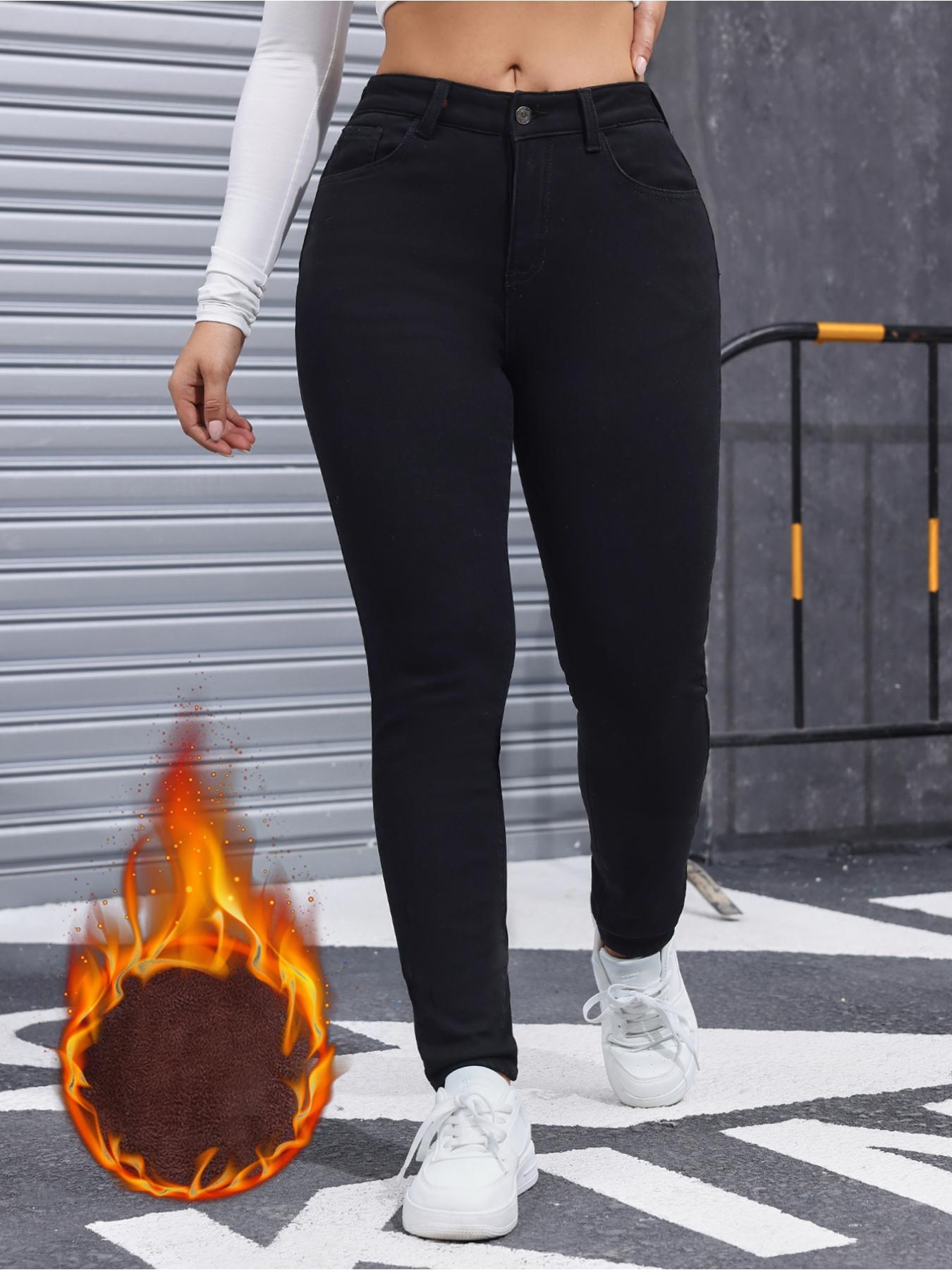 Women's High Elasticity Casual Jeans Pants, Thickened Fleece Lined Denim Trousers, Comfortable Fashion Long Pants for Women, Breathable Bottoms